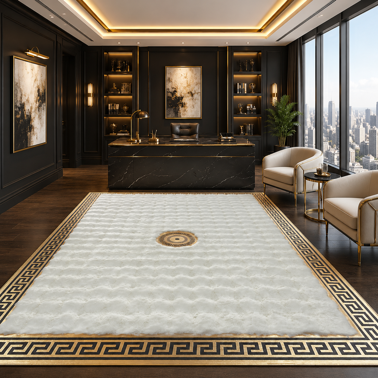White and Gold Rug, Luxury Plush Area Rug, Modern Living Room Rug,