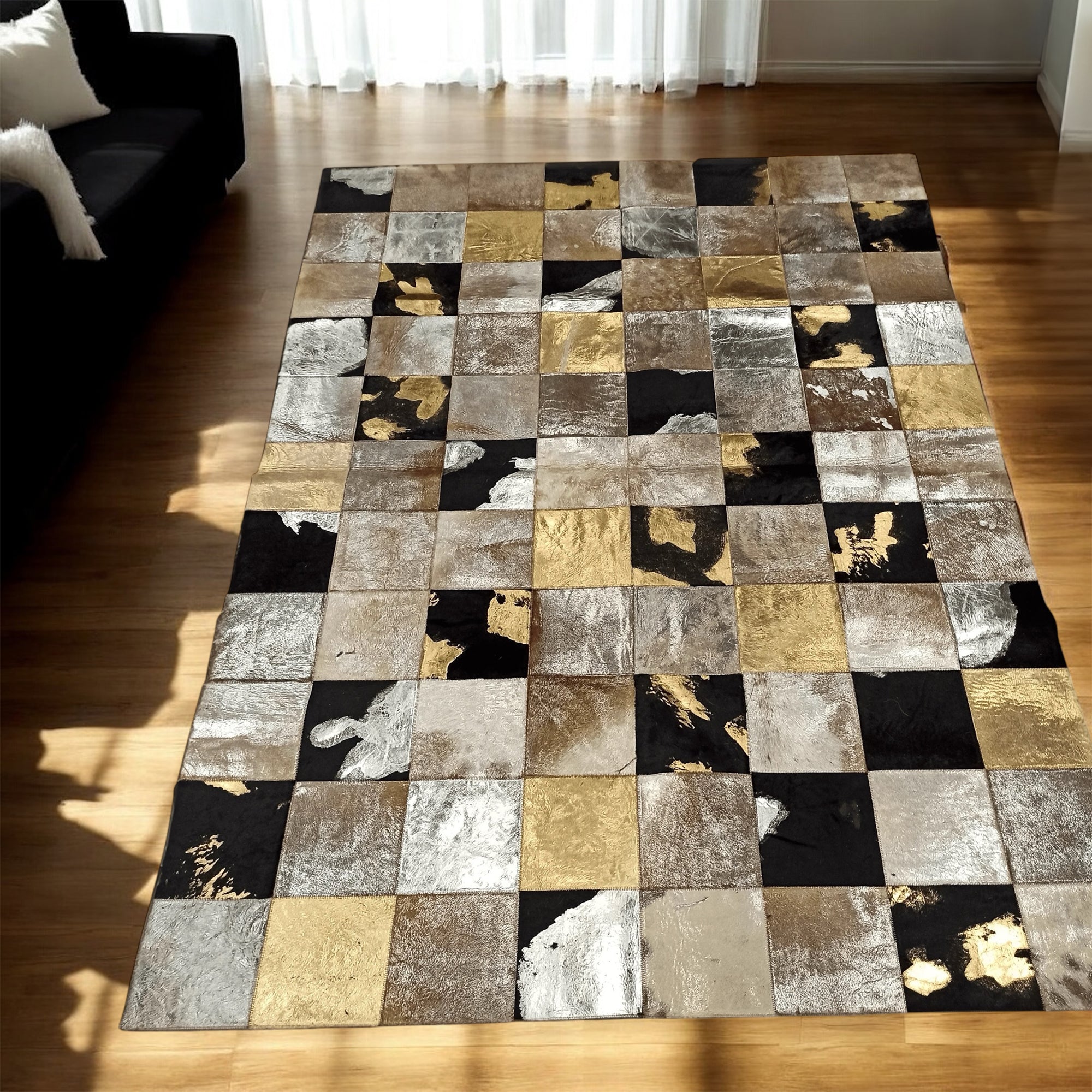 Beige, Black and Gold Leaf Cowhide Patchwork Rug