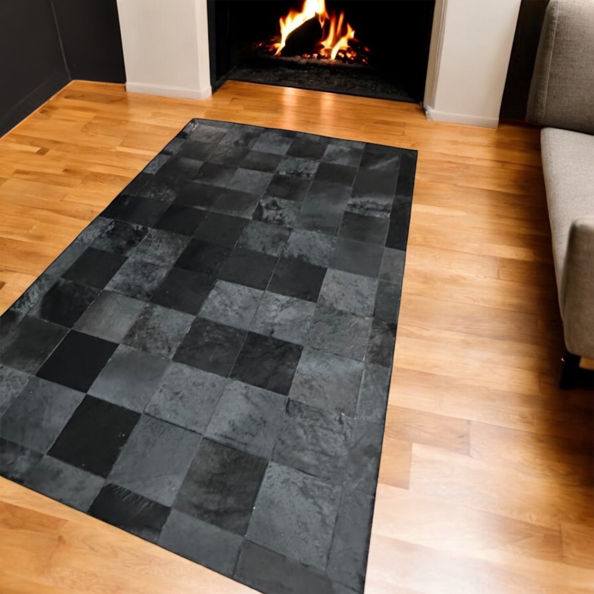Black Cowhide Patchwork Rug, Luxury Square Checkered Rug