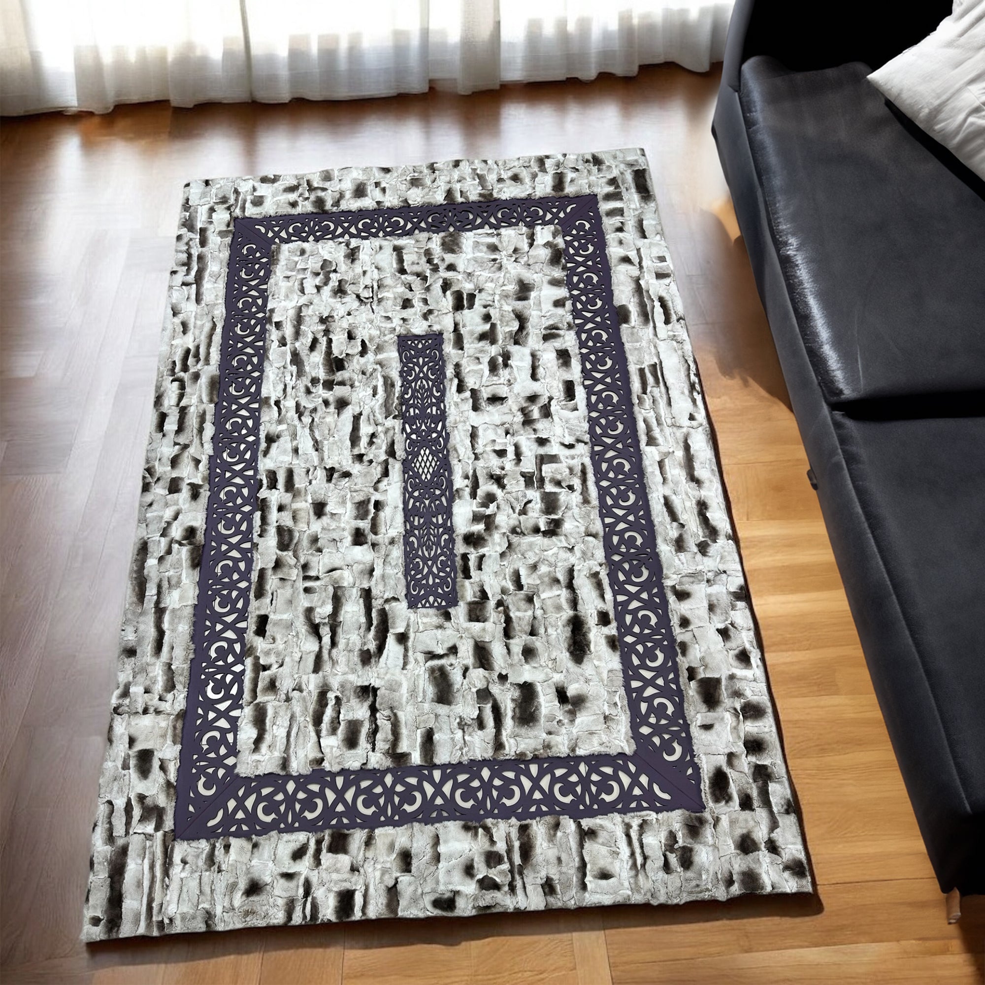Toscana Fur Patchwork Rug with Laser Cut Lace Border