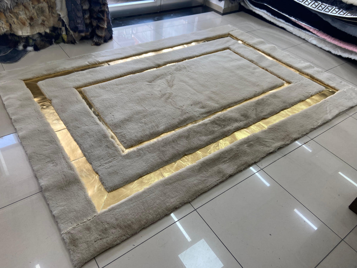 White Faux Fur Rug, Gold Border (Custom Order)
