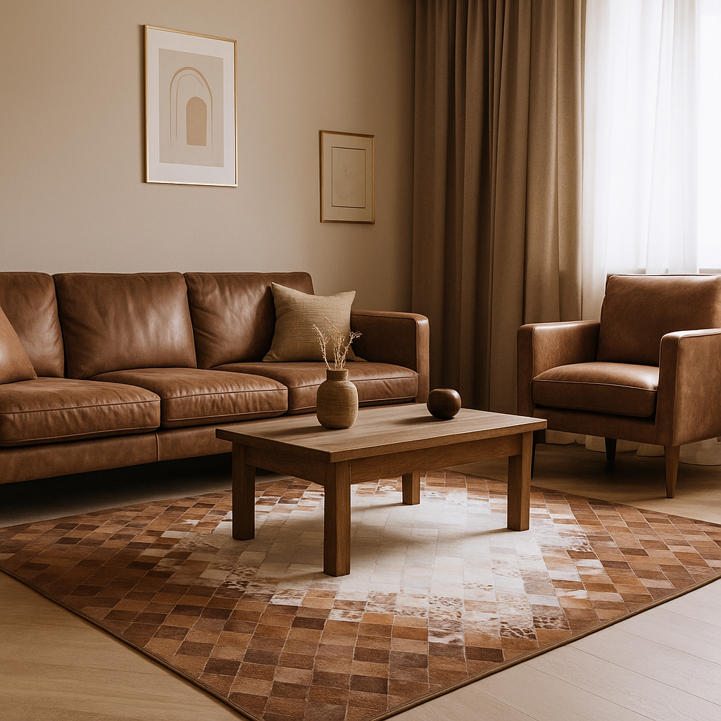 Brown Cowhide Patchwork Rug – Natural Genuine Cowhide, Handcrafted Luxury, Custom Size Area Rug