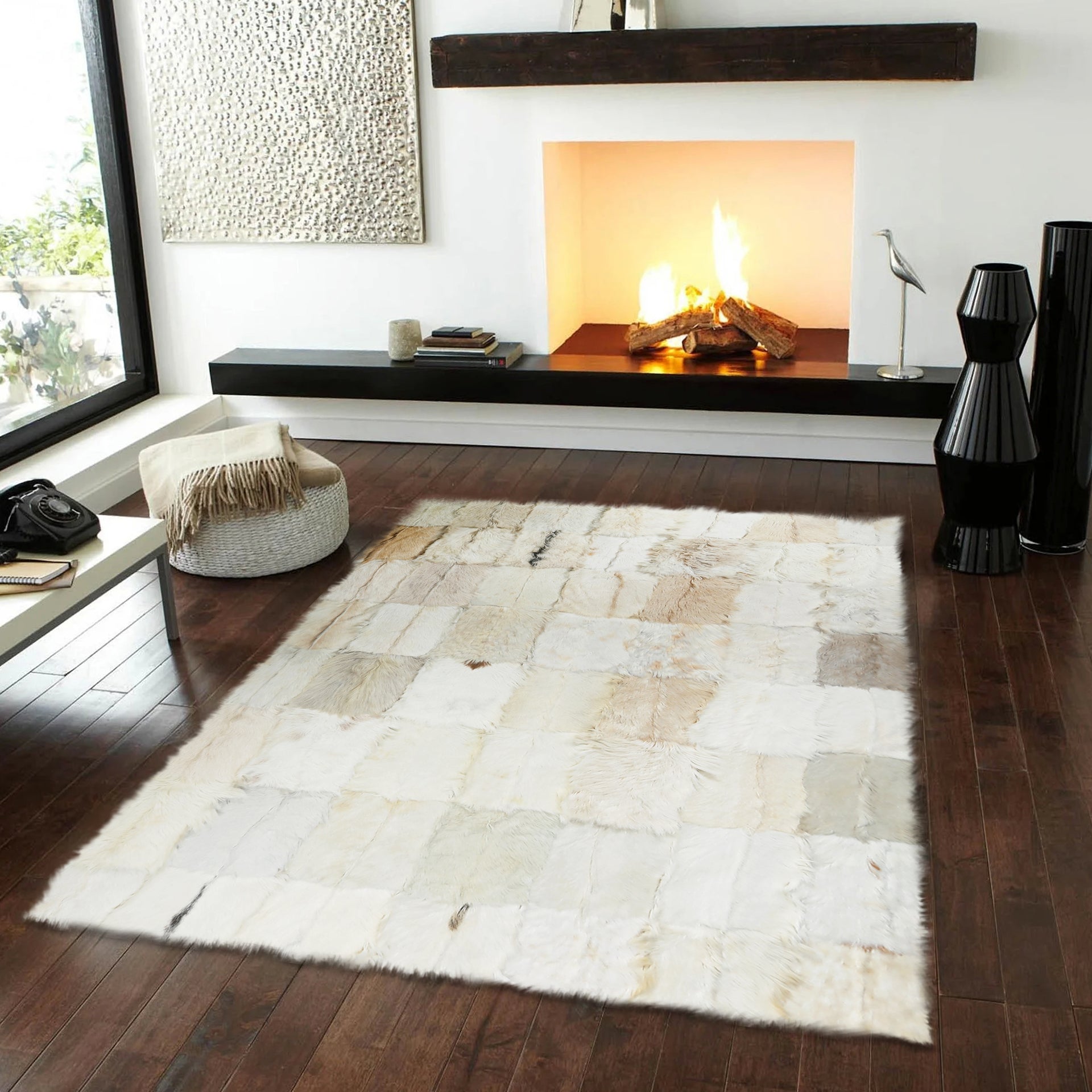 White Beige Patchwork Plush Rug – Soft Handmade Shaggy Carpet, Large Cozy Area Rug for Living Room, Bedroom or Custom Size Home Decor