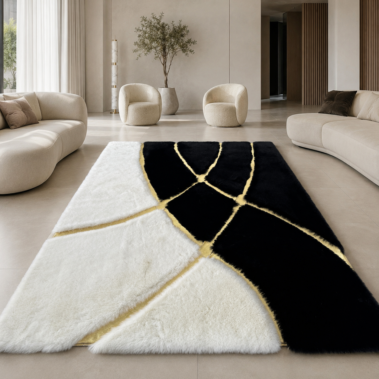 Black and White Plush Rug, Soft Shag Area Carpet, Modern Home Decor