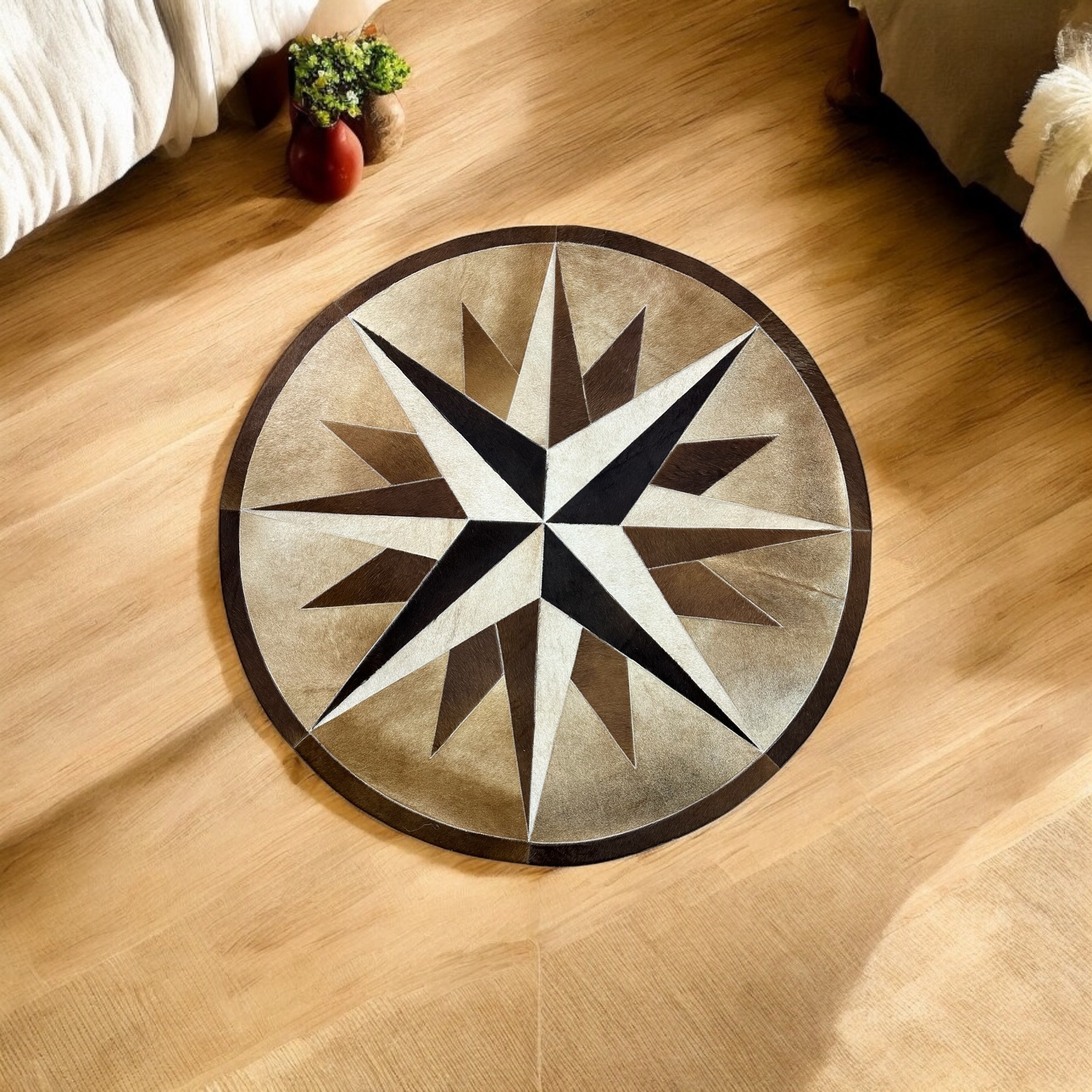 Round Cowhide Star Rug – Handmade Genuine Leather Carpet, Custom Size Patchwork Design