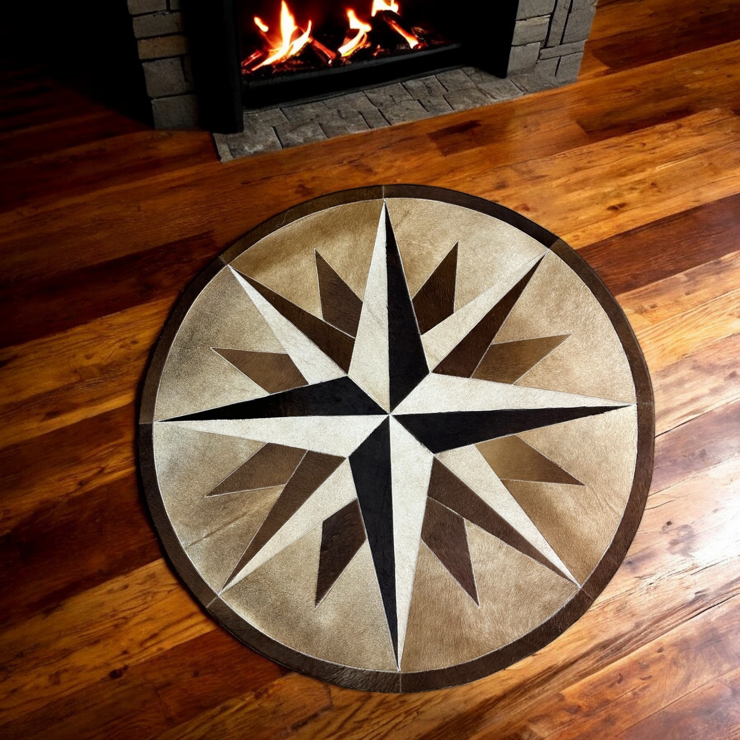 Compass Pattern Brown Cowhide Patchwork Round Rug Size 5'x5'
