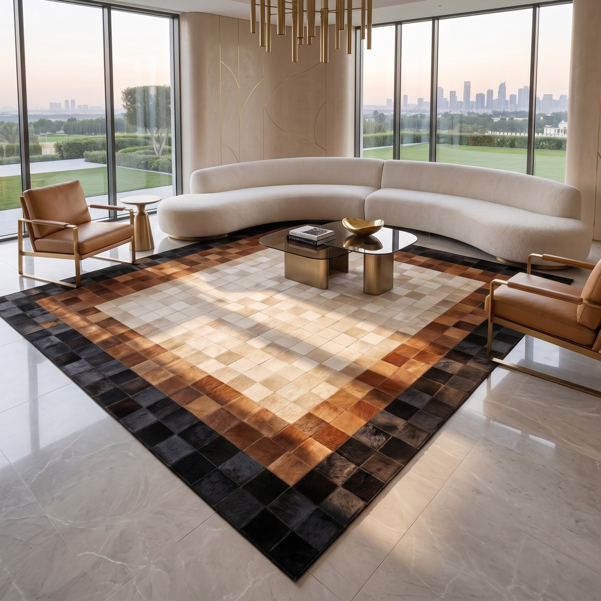 Brown and Black Patchwork Cowhide Rug, Geometric Leather Area Rug