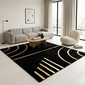 Gold striped black geometric plush rug