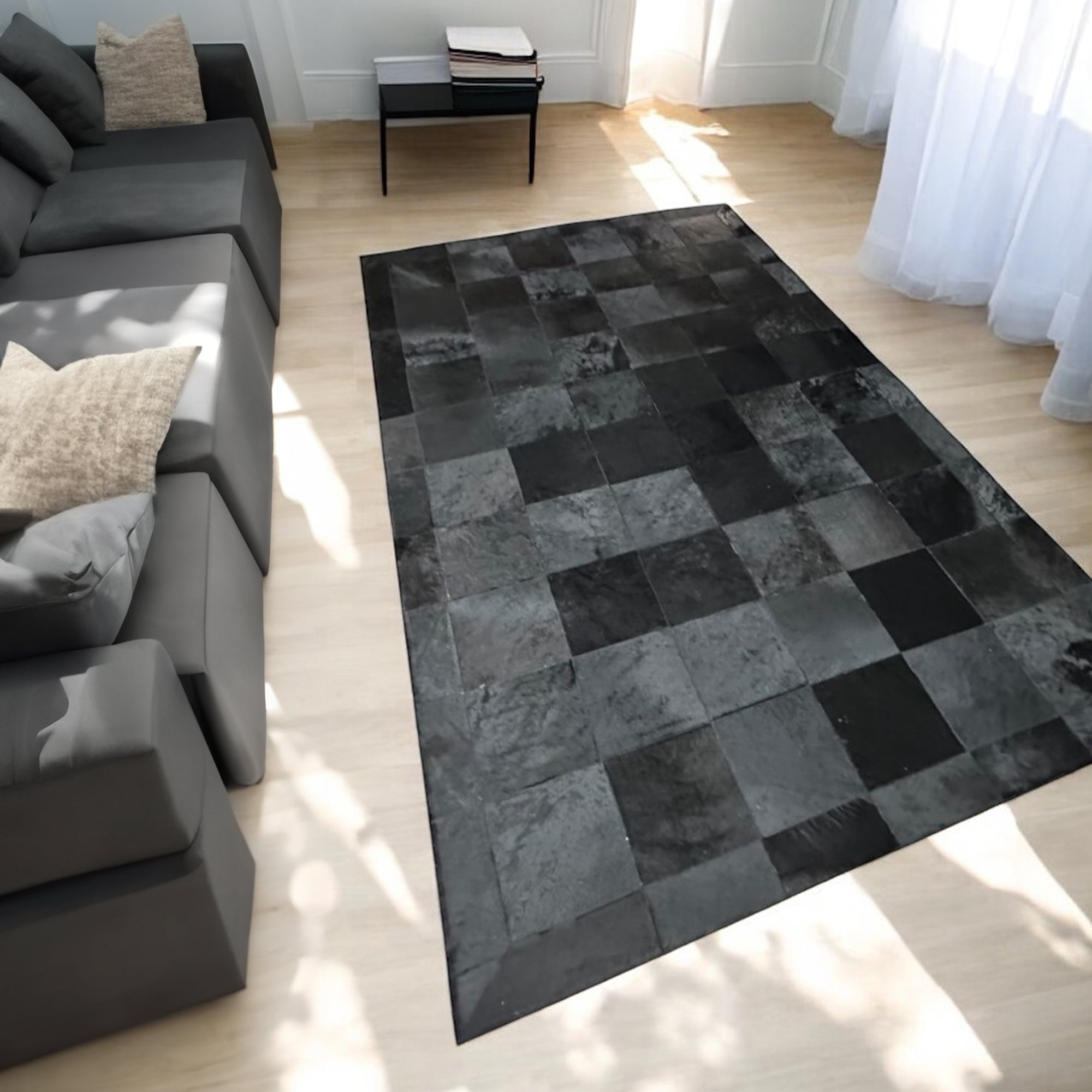 Black Cowhide Patchwork Rug, Luxury Square Checkered Rug