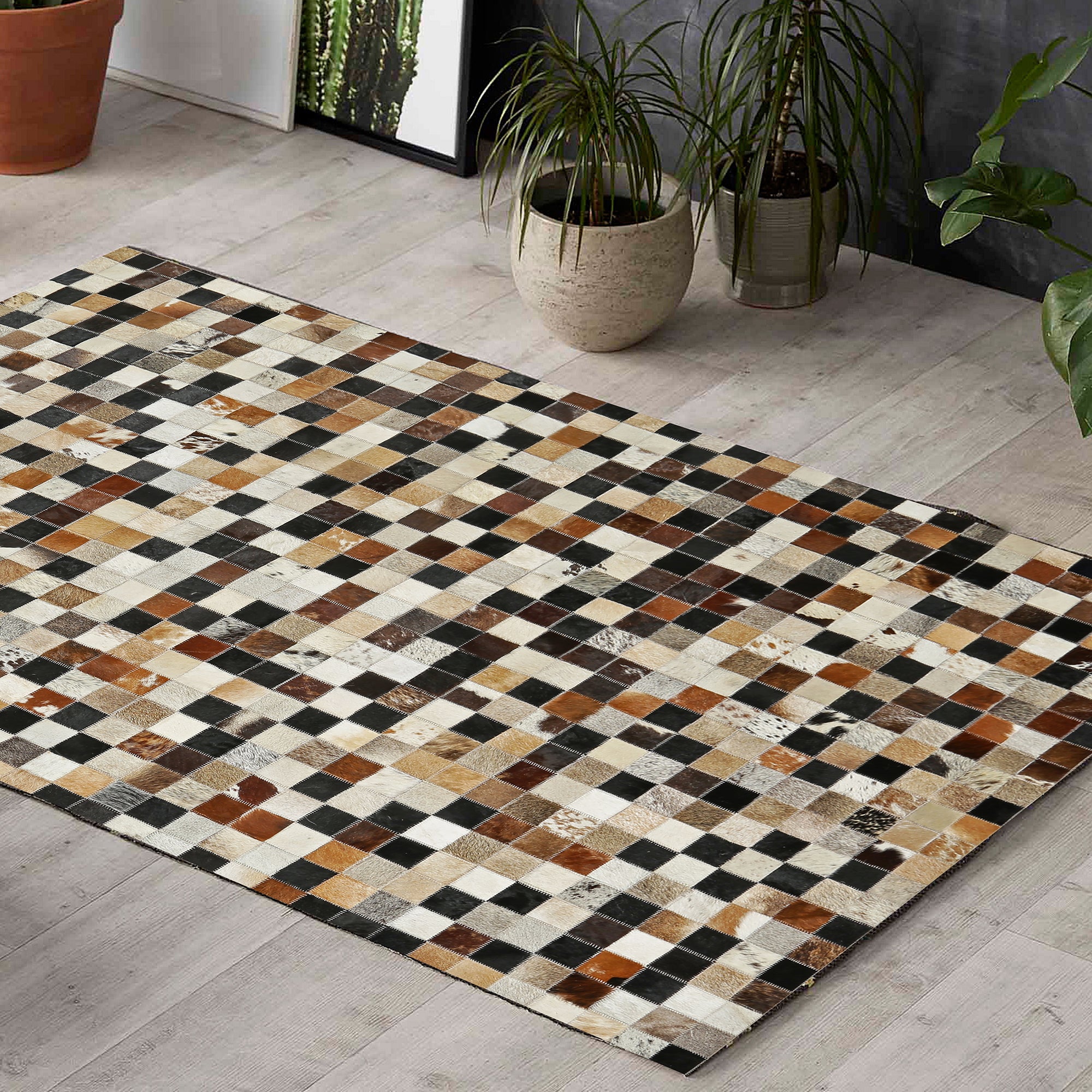 Multicolor Cowhide Square Patchwork Rug