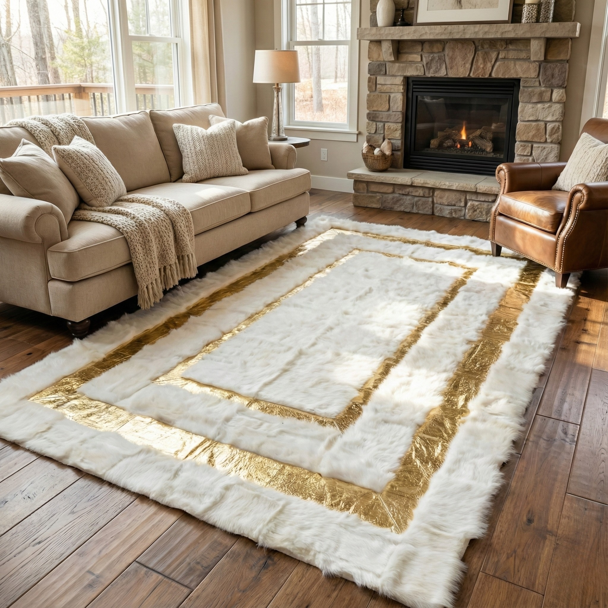 White Tuscan Sheepskin Rug Gold details , Long Fur Area Rug