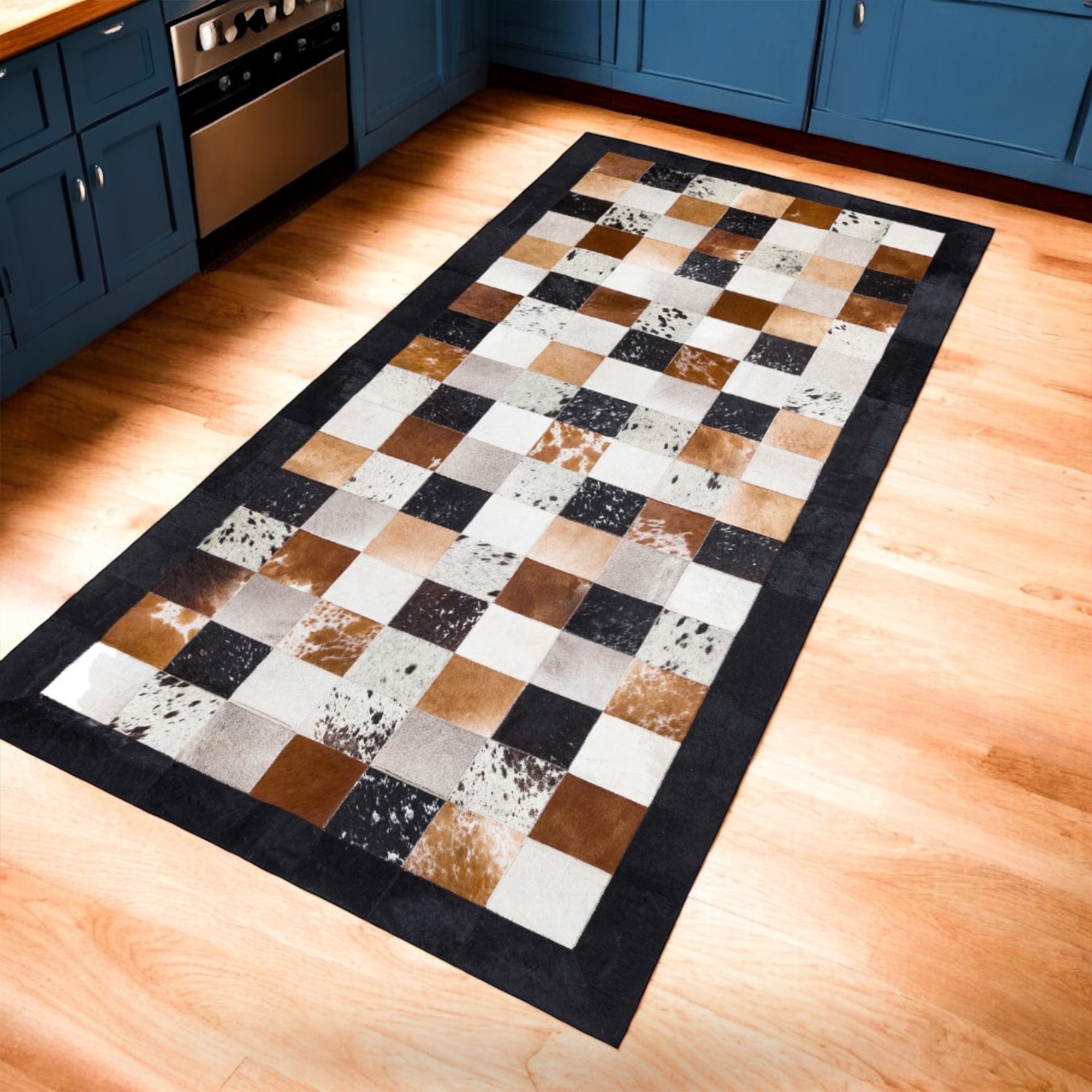 Multicolor Cowhide Patchwork Rug with Black Border, Hallway or Entryway Carpet