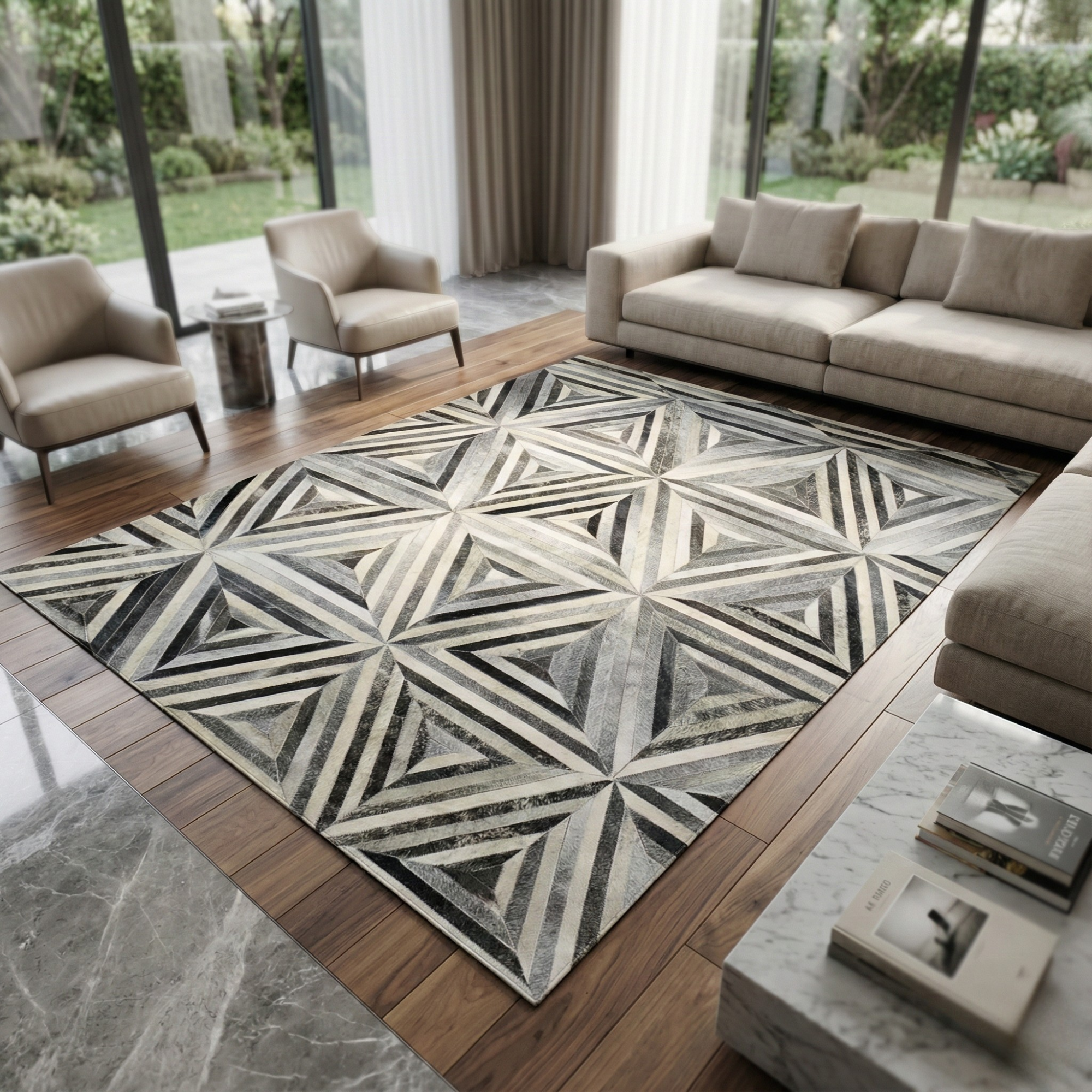 Handmade Geometric Leather Rug, Modern Luxury Area Rug, Black Grey Custom Size Available