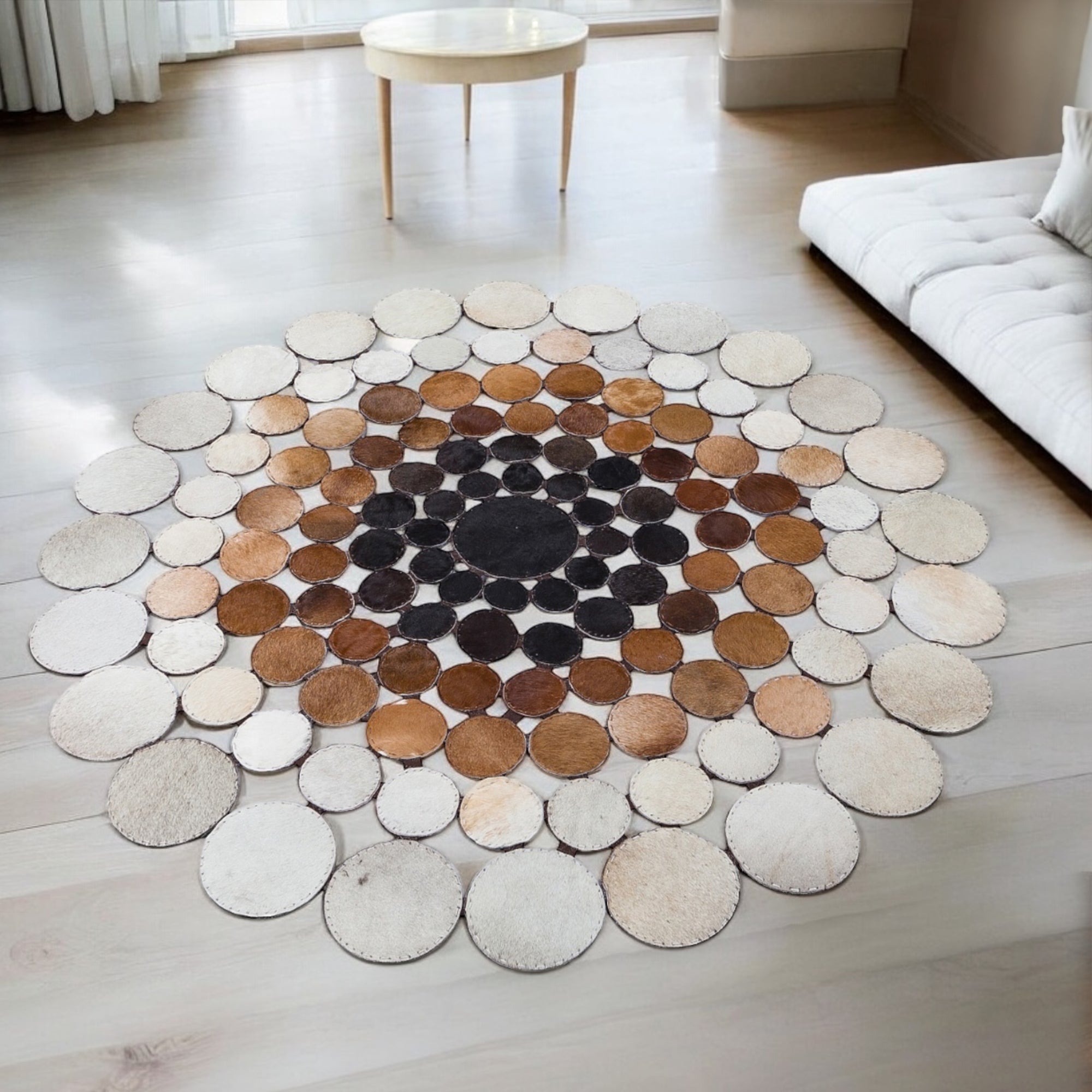 Handmade Brown Cowhide Polkadot Rug – Unique Round Patchwork Leather Carpet, Modern Boho Area Rug