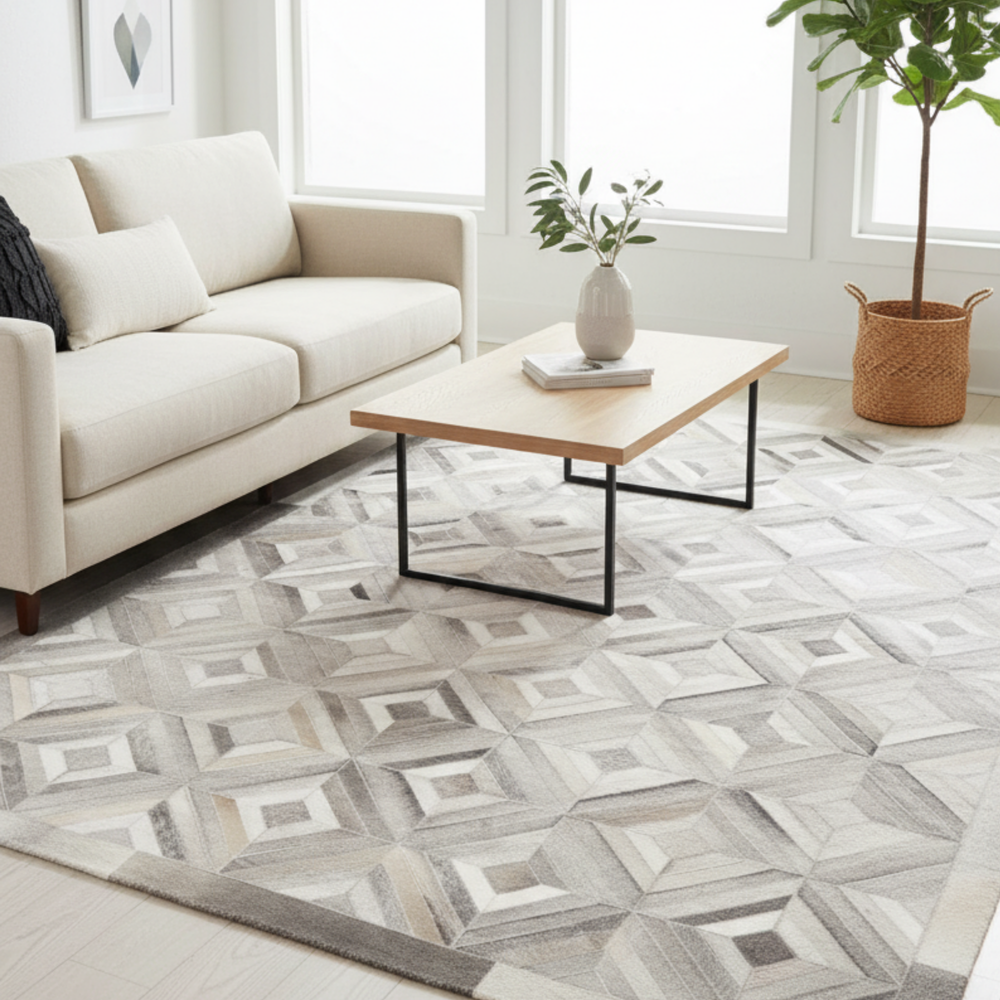 Grey Beige Patchwork Cowhide Rug, Modern Leather Area Rug,Living Room Home Décor