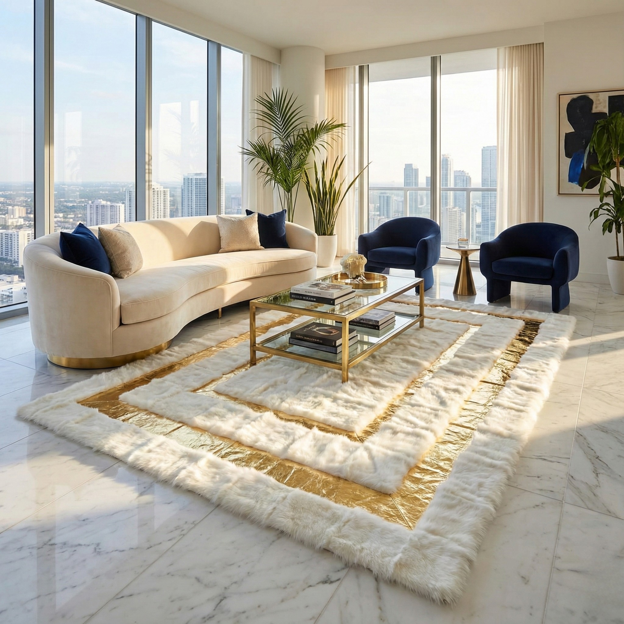 White Tuscan Sheepskin Rug Gold details , Long Fur Area Rug