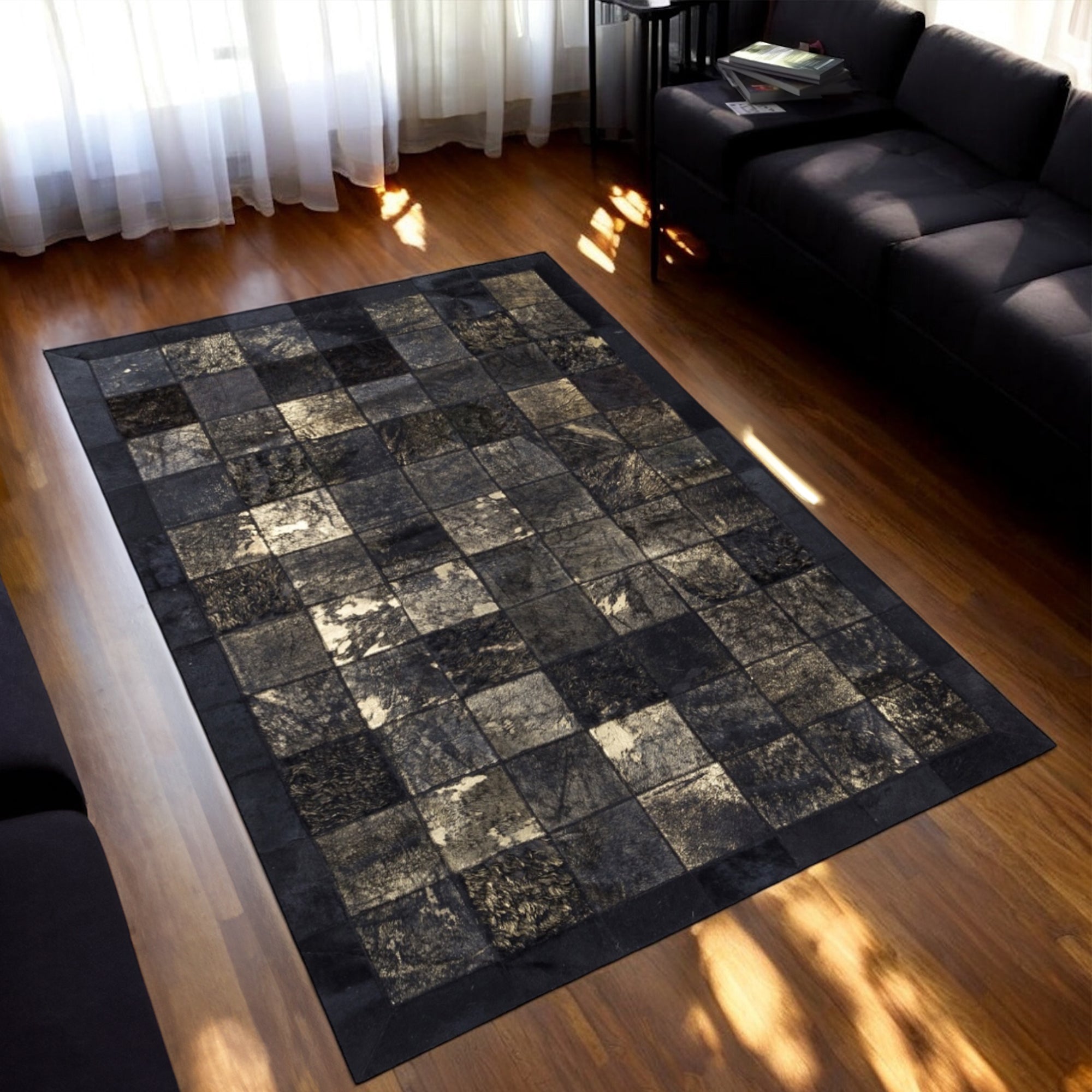 Black Cowhide Patchwork Rug, Gold Detailed Carpet