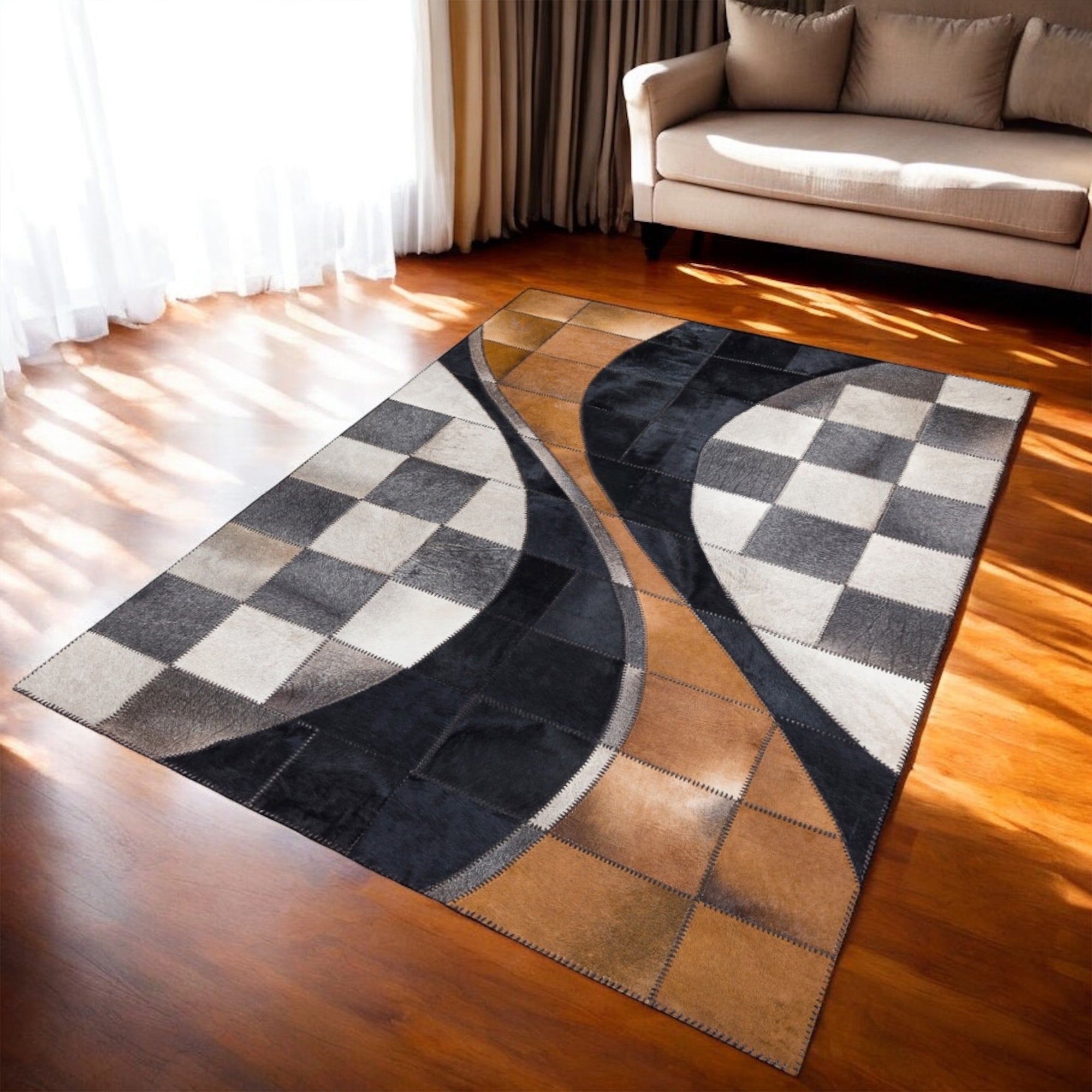 Beige and Gray Cowhide Geometric Patchwork Rug