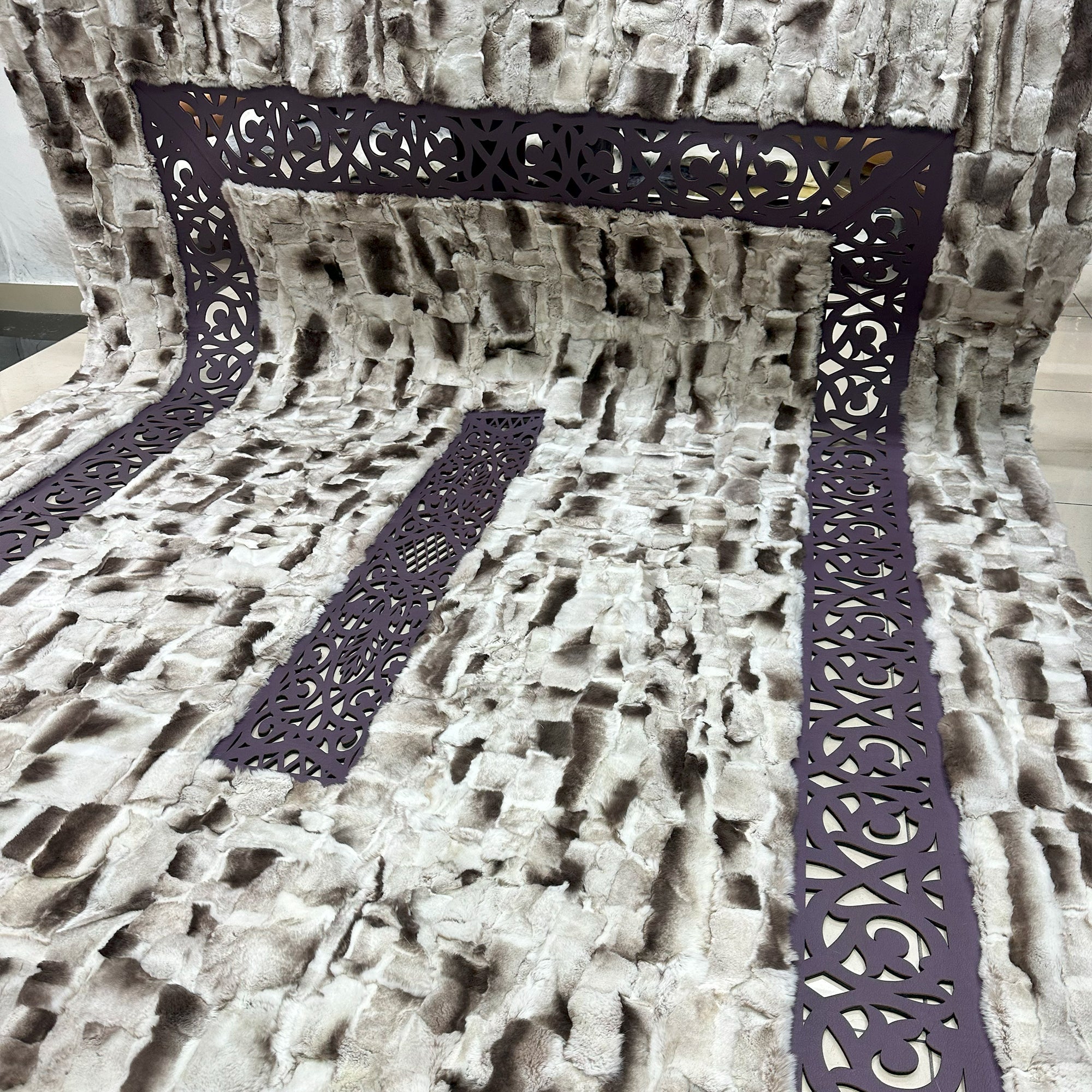 Tuscan Leather Rug – Handmade Grey Area Carpet with Decorative Border, Genuine Tuscan Leather Luxury Rug, Custom Size Modern Living Room Decor