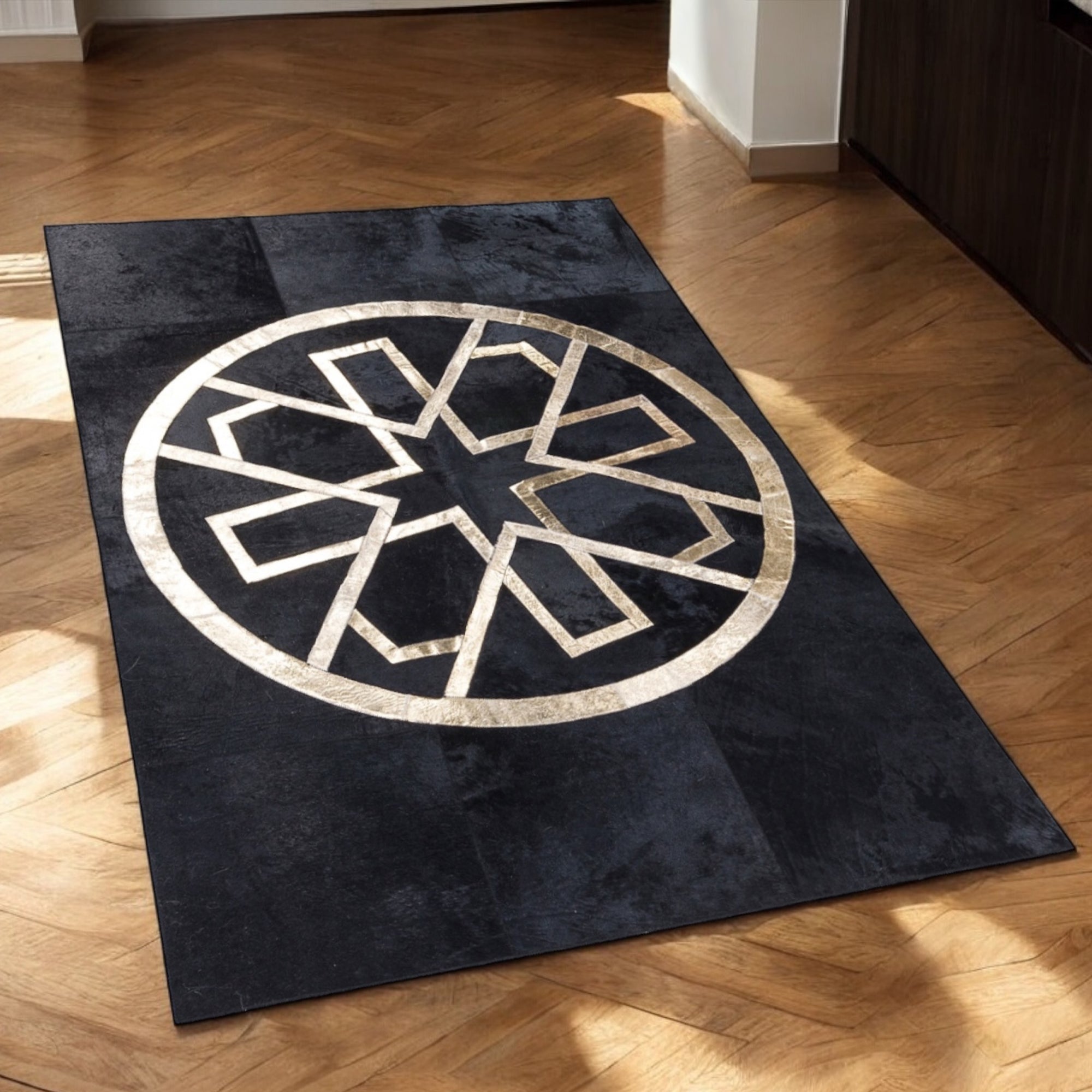 Gold Geometric Design Black Cowhide Patchwork Rug, Modern Office Rug