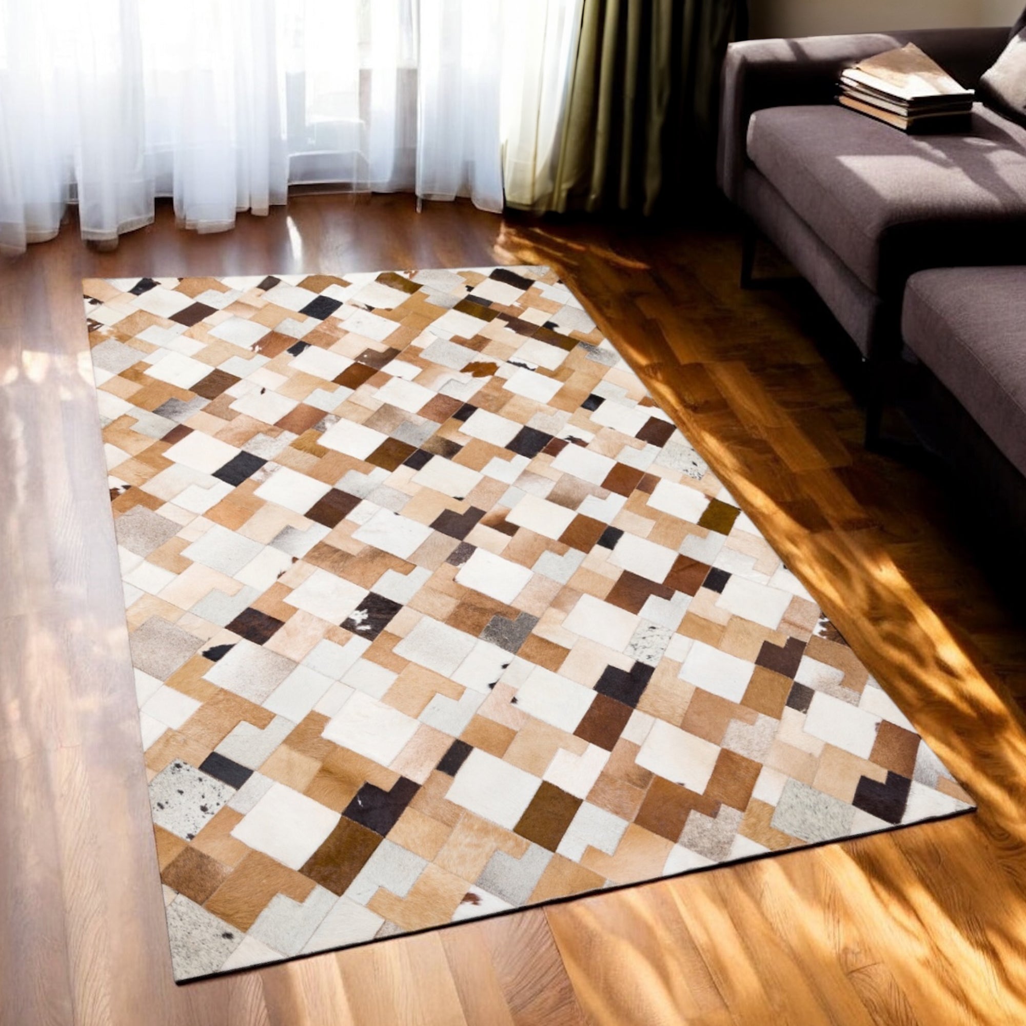 Tricolor Geometric Design Patchwork Cowhide Rug