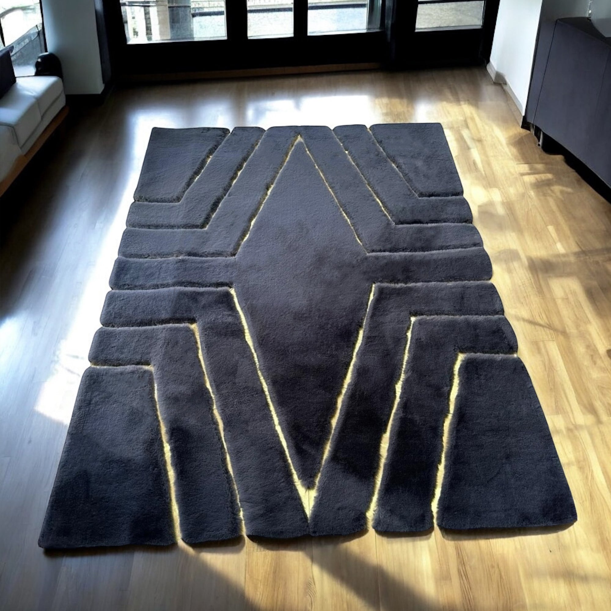 Black & Gold Geometric Fur Plush Rug