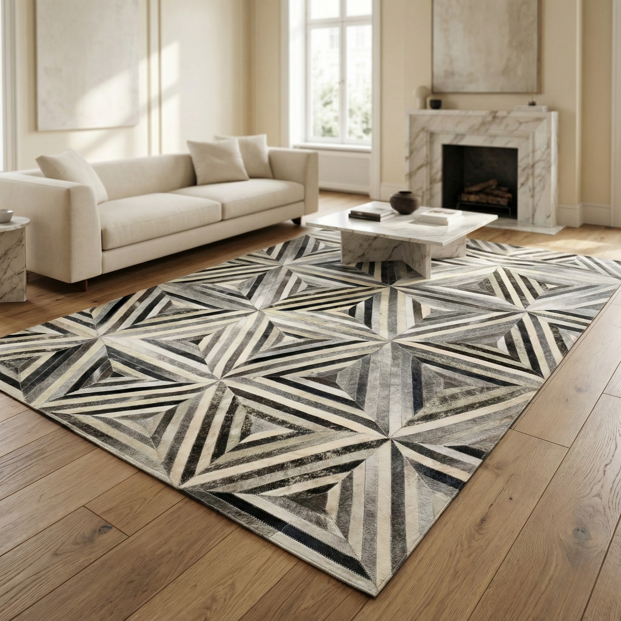 Handmade Geometric Leather Rug, Modern Luxury Area Rug, Black Grey Custom Size Available