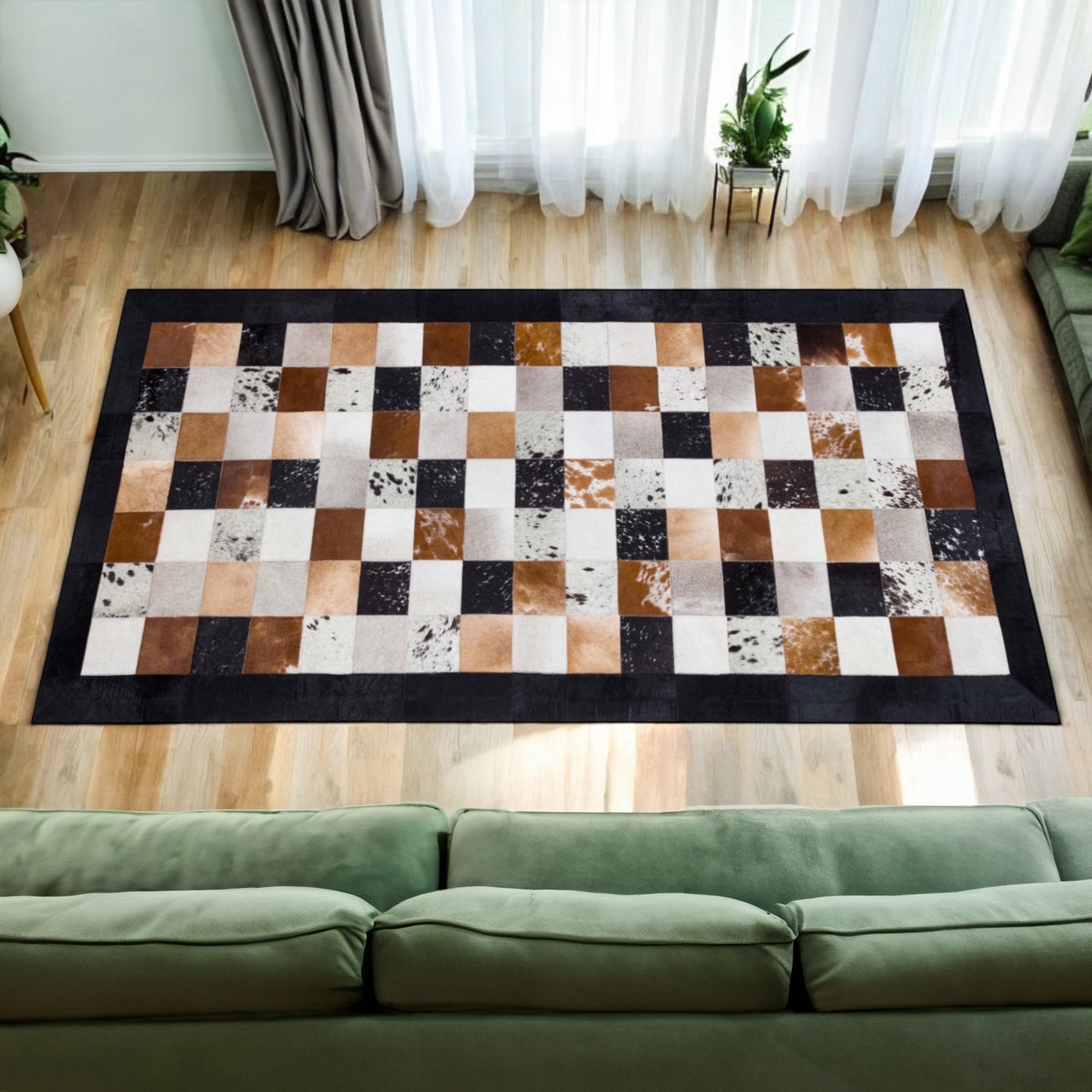 Multicolor Cowhide Patchwork Rug with Black Border, Hallway or Entryway Carpet