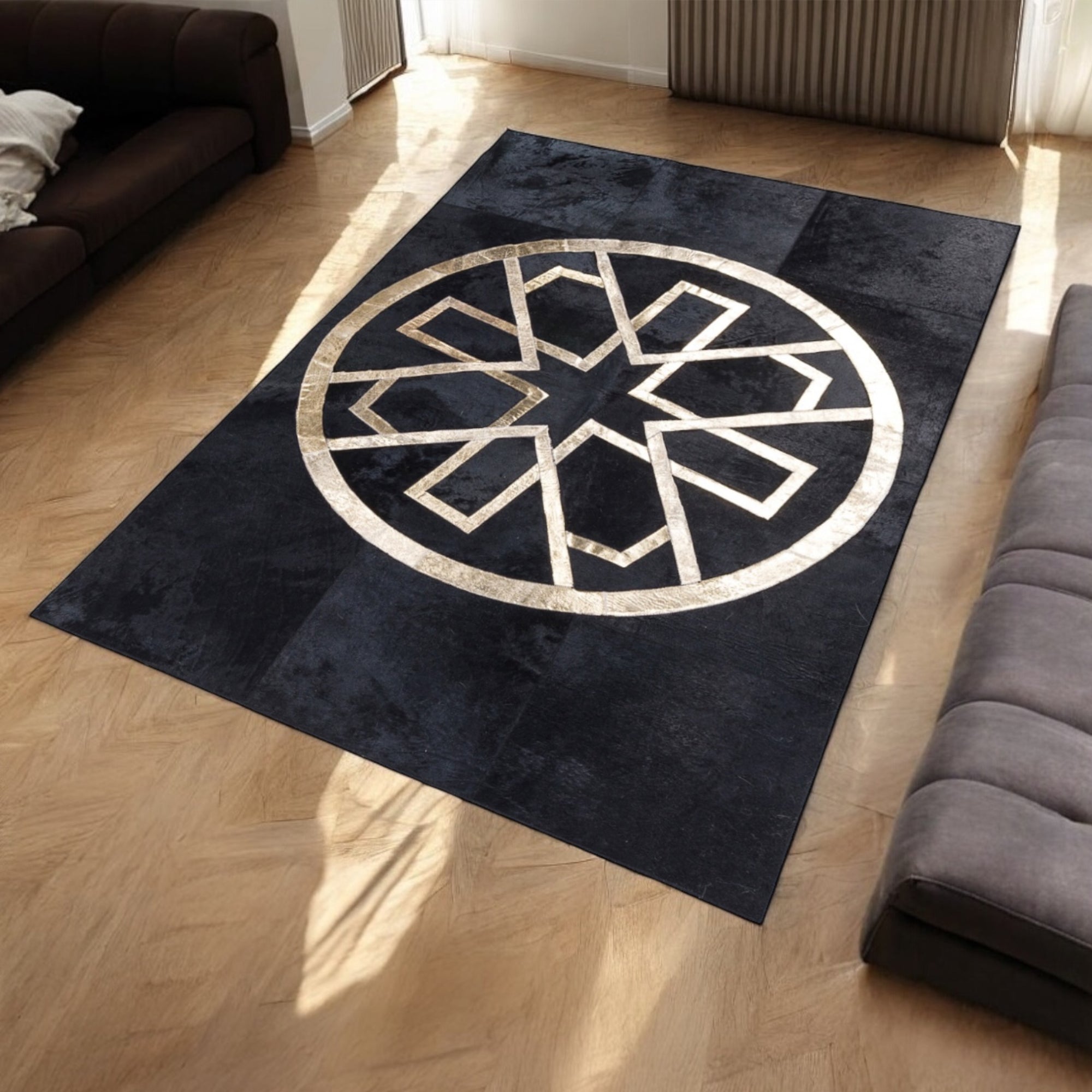 Gold Geometric Design Black Cowhide Patchwork Rug, Modern Office Rug