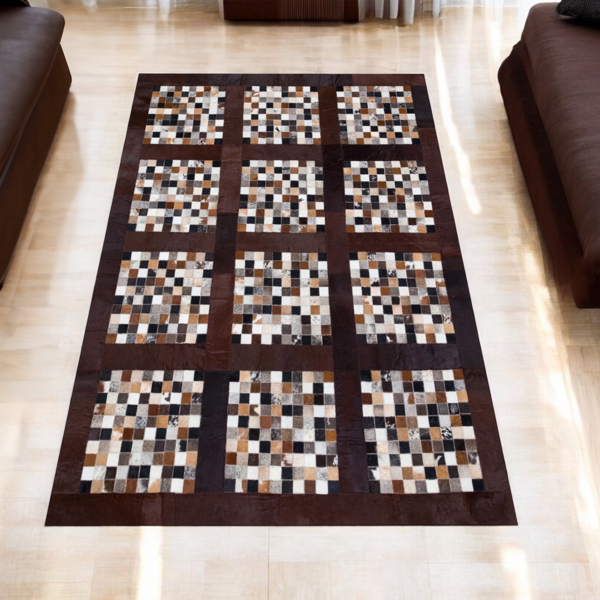 Dark Brown Cowhide Checkered Patchwork Rug