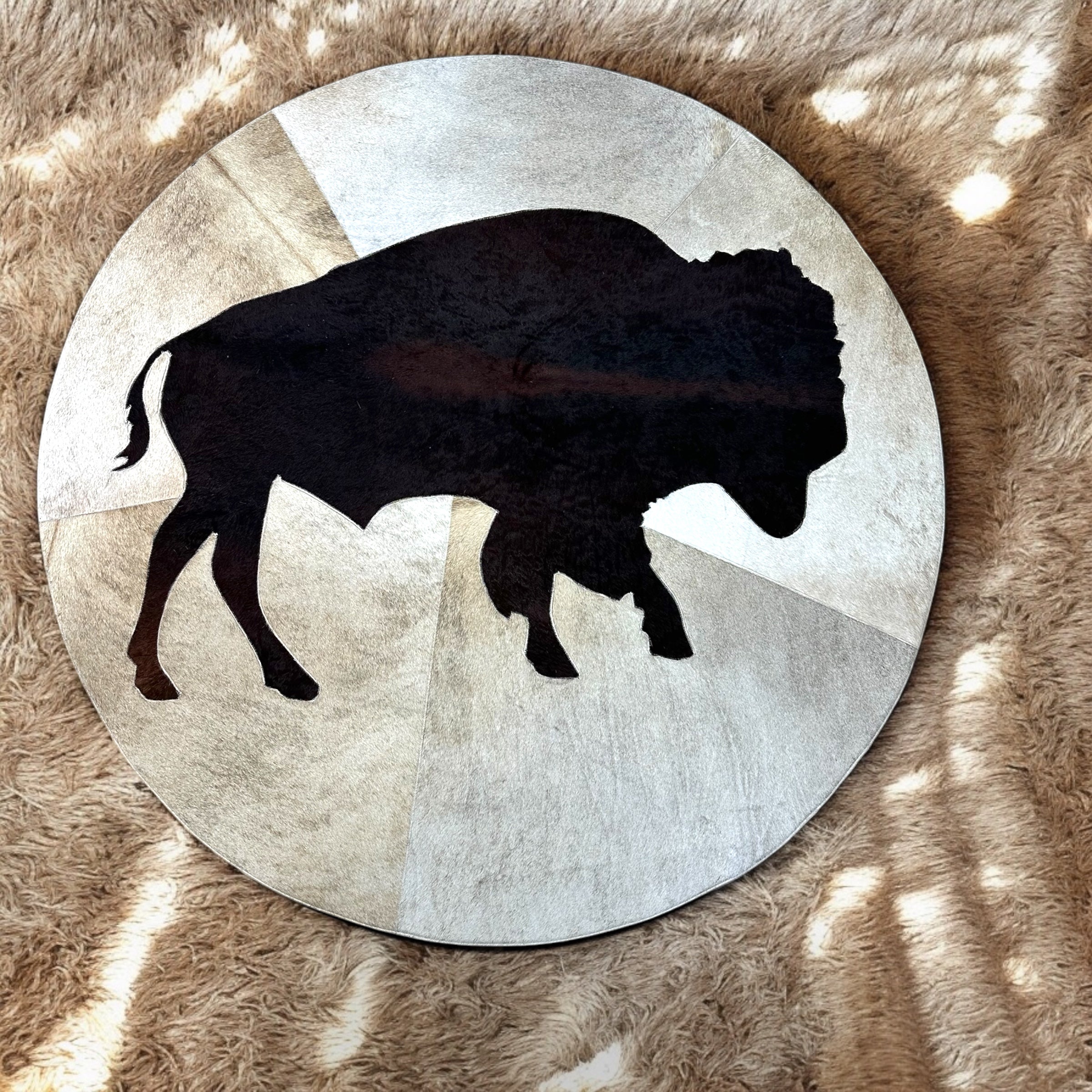 Round Cowhide Buffalo Rug – Handmade Genuine Leather Carpet, Custom Size Western Design