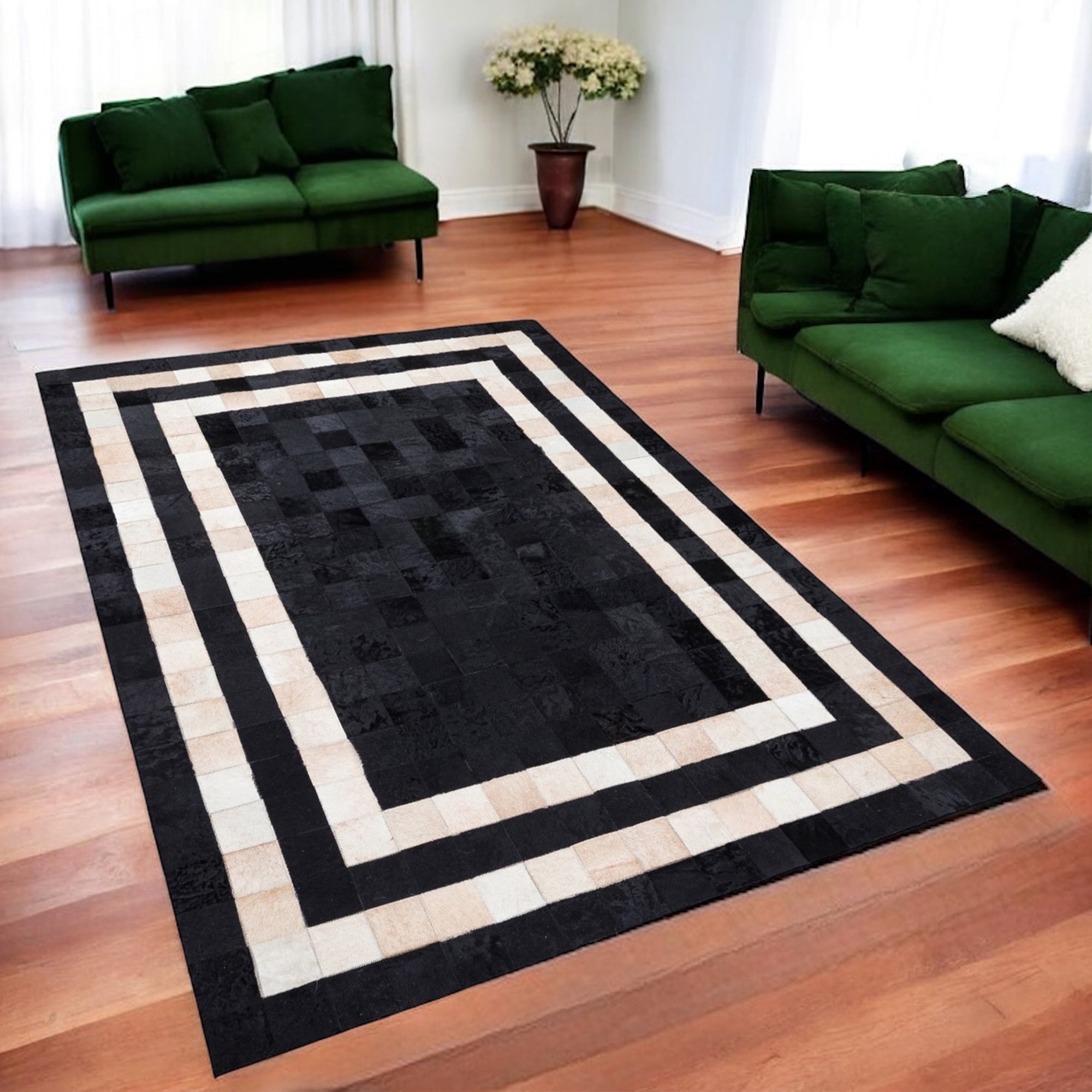 Cream Cowhide Patchwork Rug with Black Frame