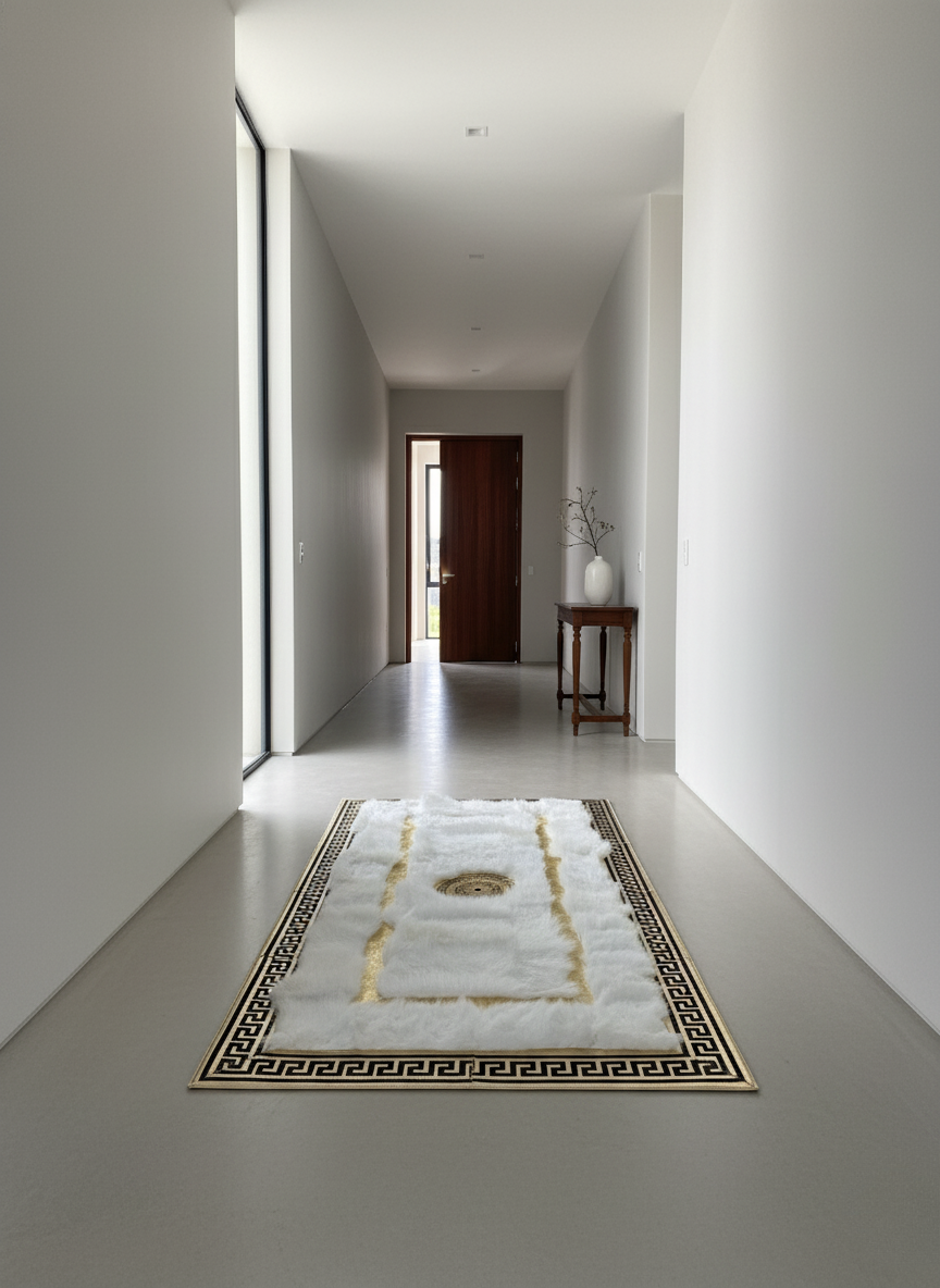 White Tuscan Area Rug – Gold Line Detailing, Natural Fur Texture