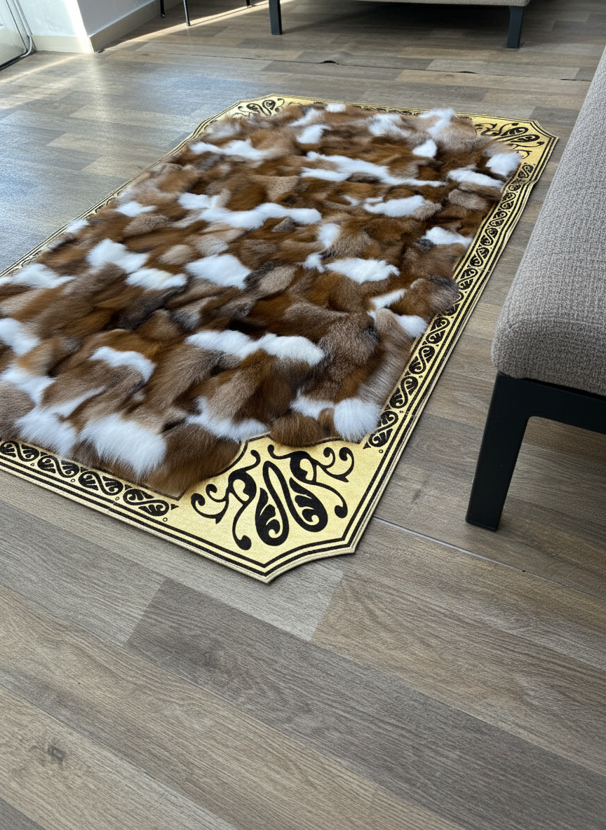 Brown Natural Fox Fur Area Rug – Gold Corner Detailing, Soft Textured Surface, Non-Slip Backing, Custom Sizes Available