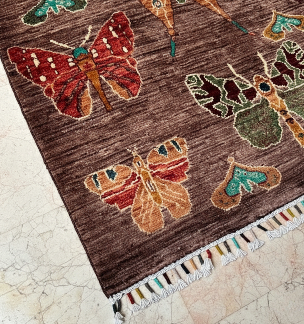 Afghan Sultani Butterfly Rug – Hand-Knotted Wool Carpet 144x100cm (4.7x3.3ft)
