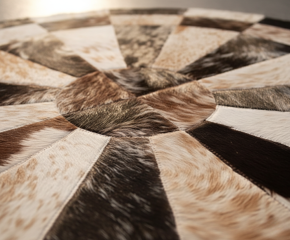 Round Patchwork Cowhide Rug – Circle Leather Rug, Handmade Natural Cowhide Carpet for Home Décor