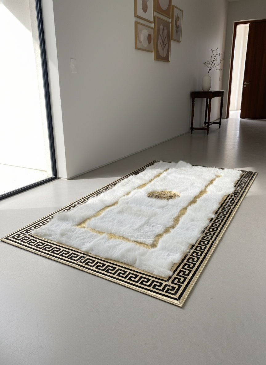 White Tuscan Area Rug – Gold Line Detailing, Natural Fur Texture