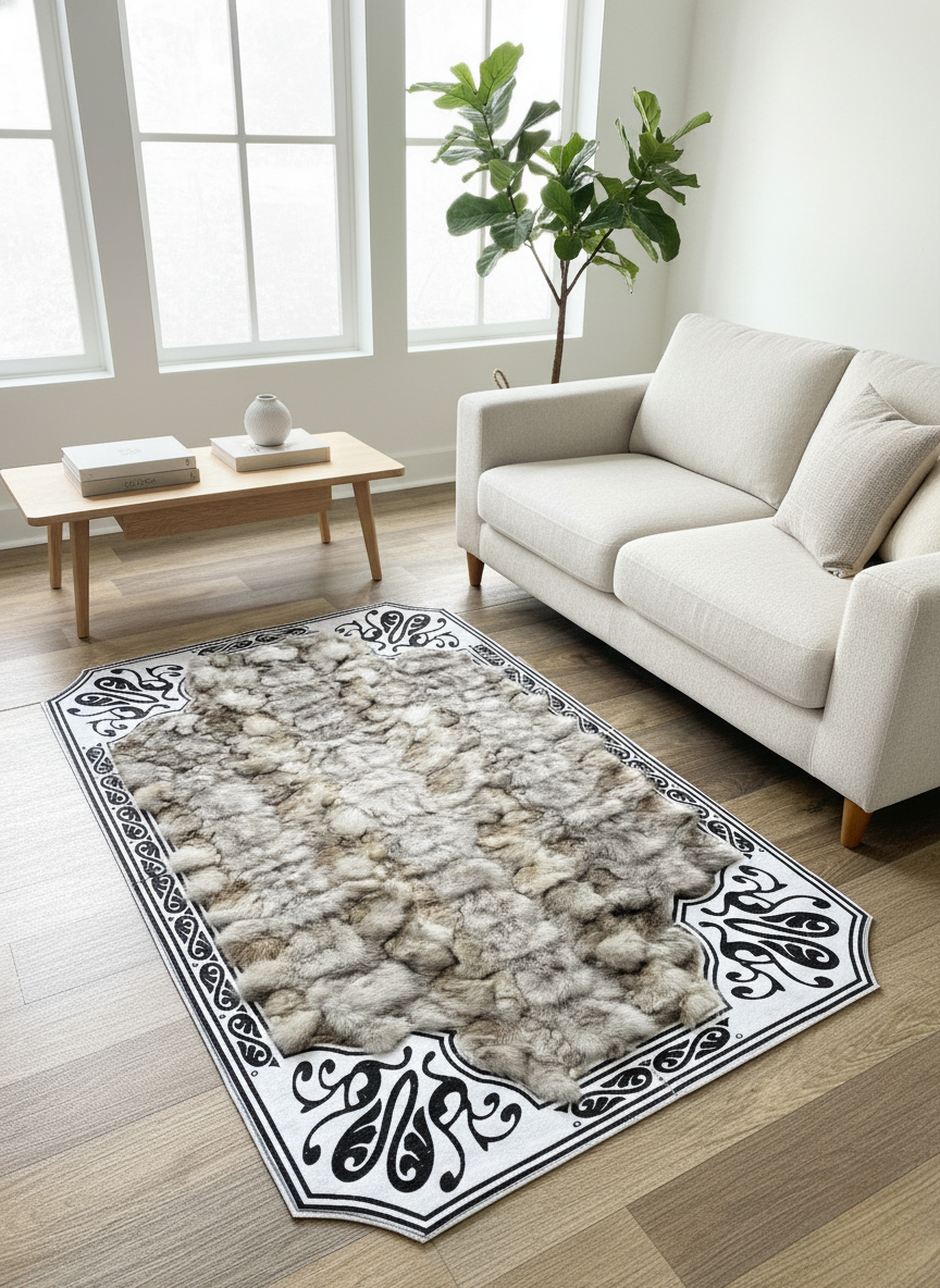 Natural Fox Fur Area Rug – Black & White Corner Detailing, Soft Textured Surface, Non-Slip Backing, Custom Sizes Available