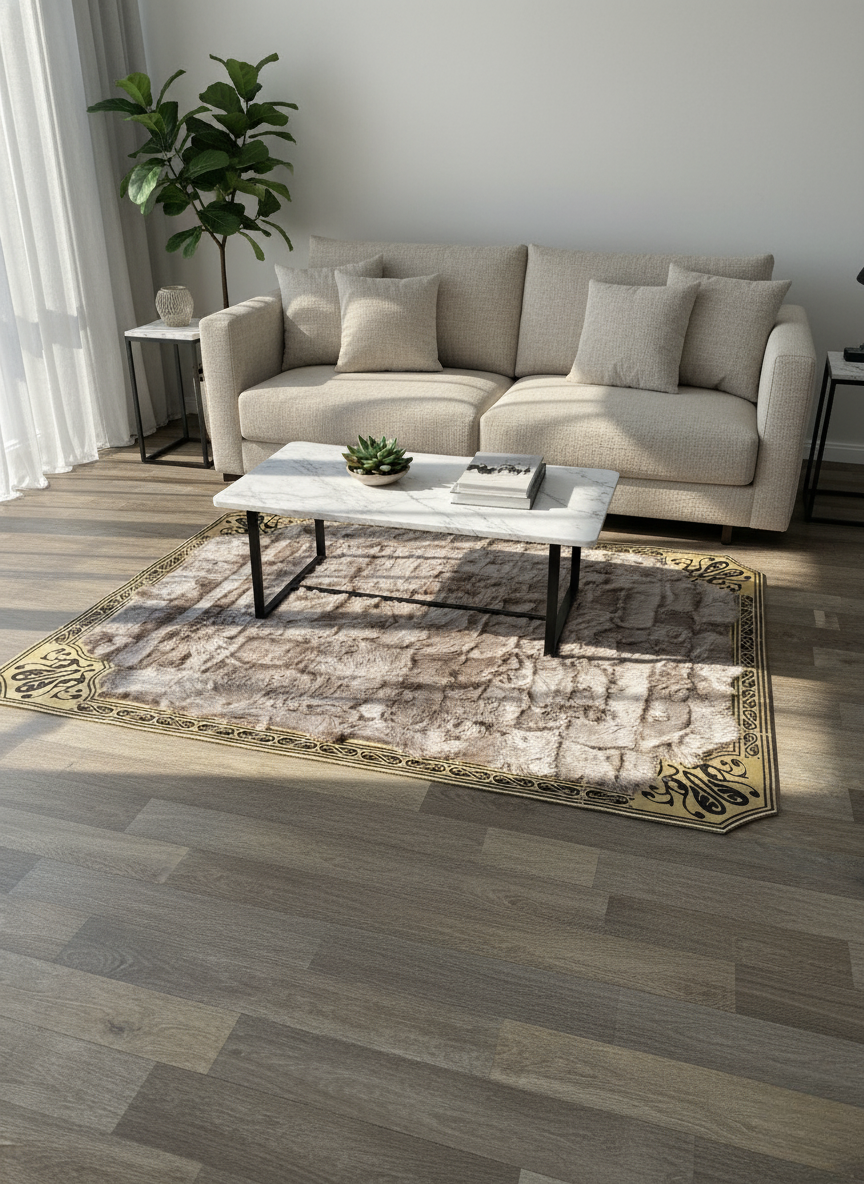 Light Brown Tuscan Area Rug – Gold Corner Detailing, Natural Fur Texture