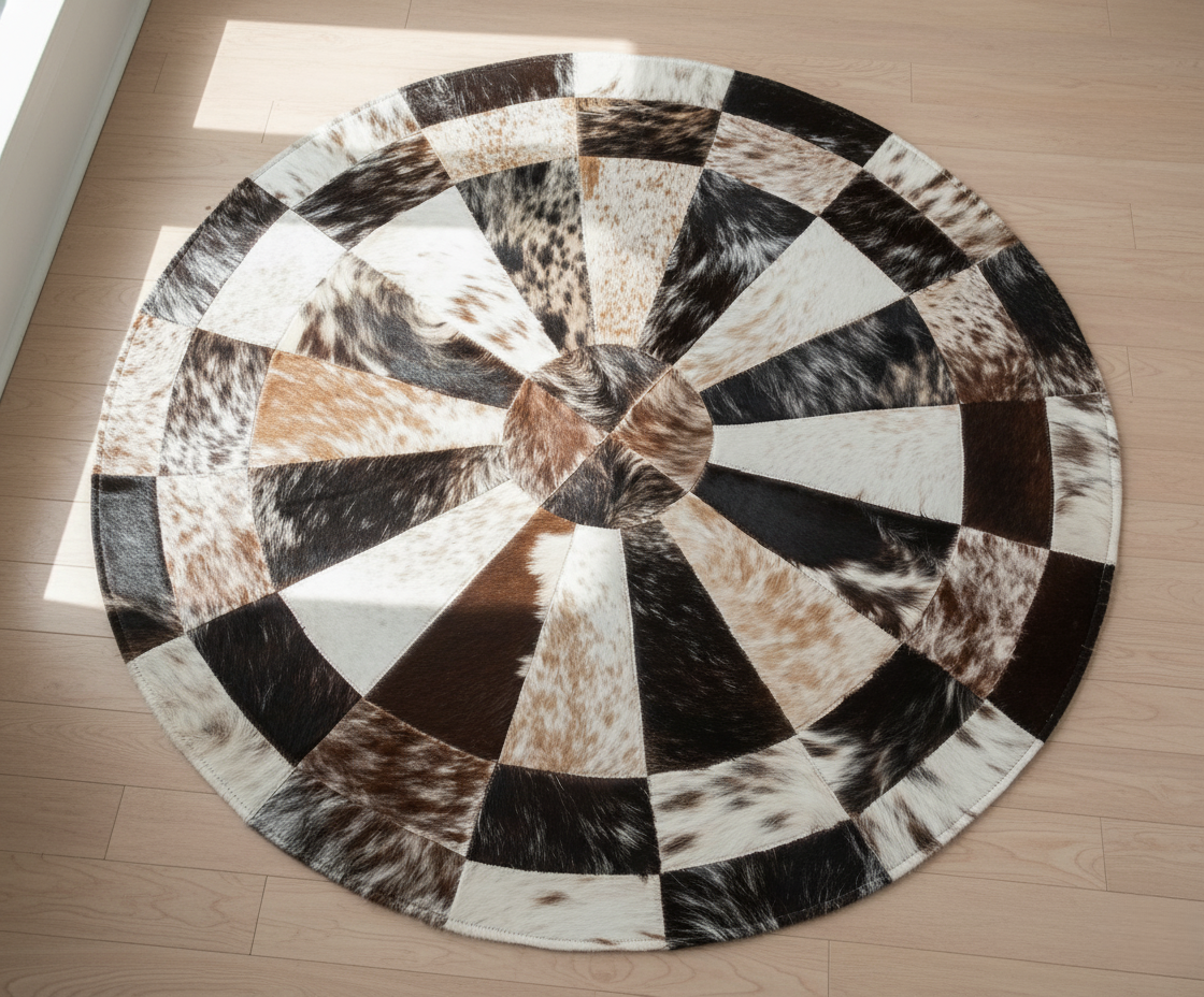 Round Patchwork Cowhide Rug – Circle Leather Rug, Handmade Natural Cowhide