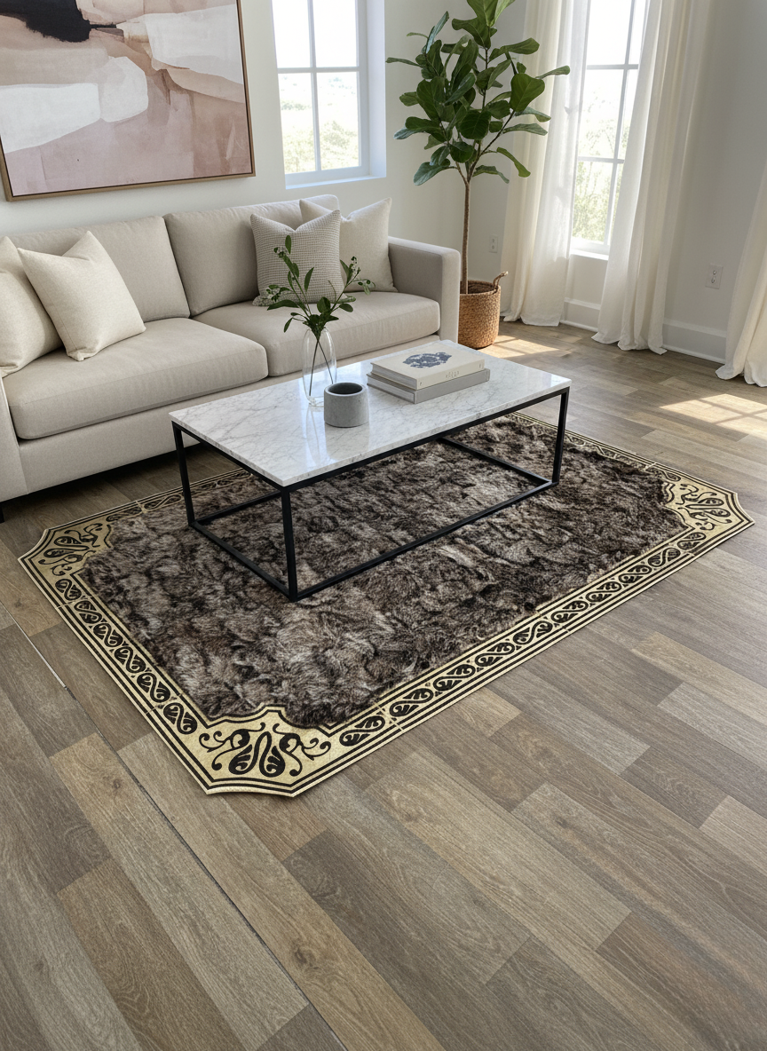 Brown Tuscan Area Rug – Gold Line Detailing, Natural Texture, Handmade Area Rug, Non-Slip Backing, Custom Sizes Available