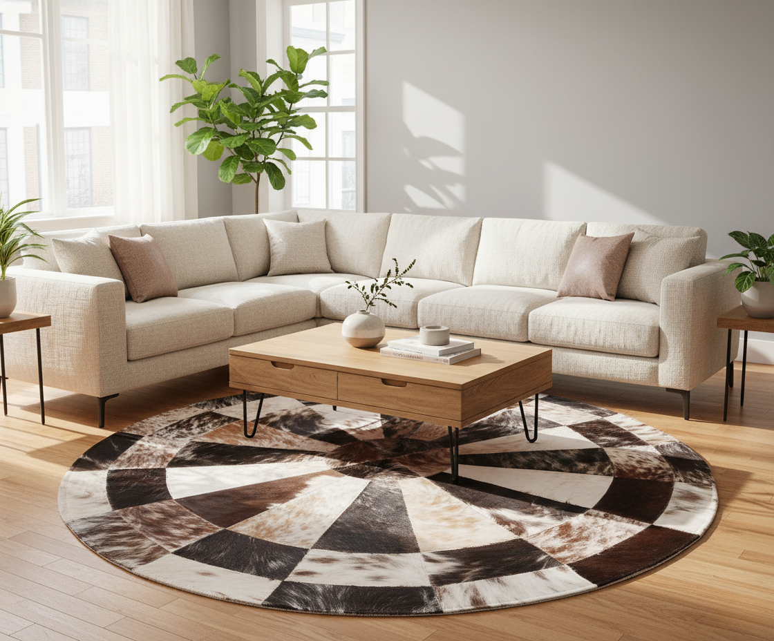 Round Patchwork Cowhide Rug – Circle Leather Rug, Handmade Natural Cowhide
