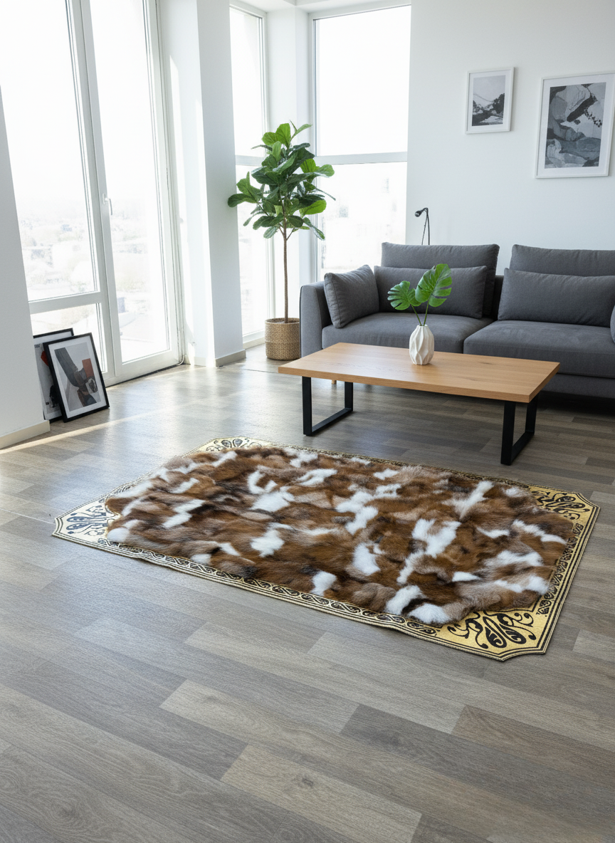 Brown Natural Fox Fur Area Rug – Gold Corner Detailing, Soft Textured Surface, Non-Slip Backing, Custom Sizes Available