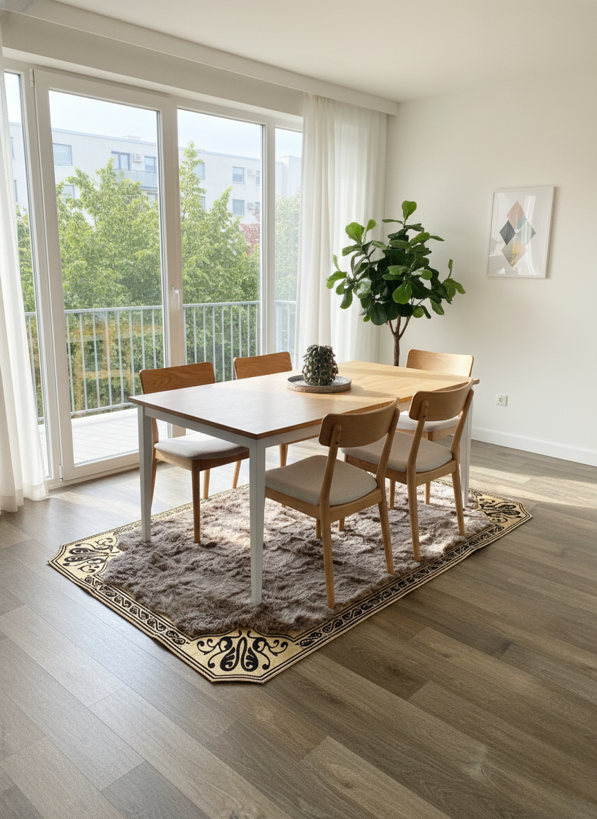 Light Brown Tuscan Area Rug – Gold Corner Detailing, Natural Fur Texture