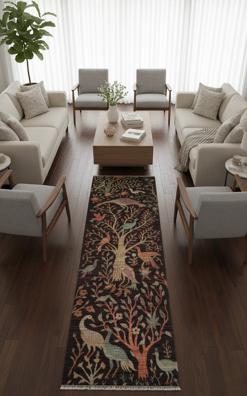 Afghan Bird Design Runner Rug – Hand-Knotted Wool Carpet 298x81cm (9.8x2.6ft)