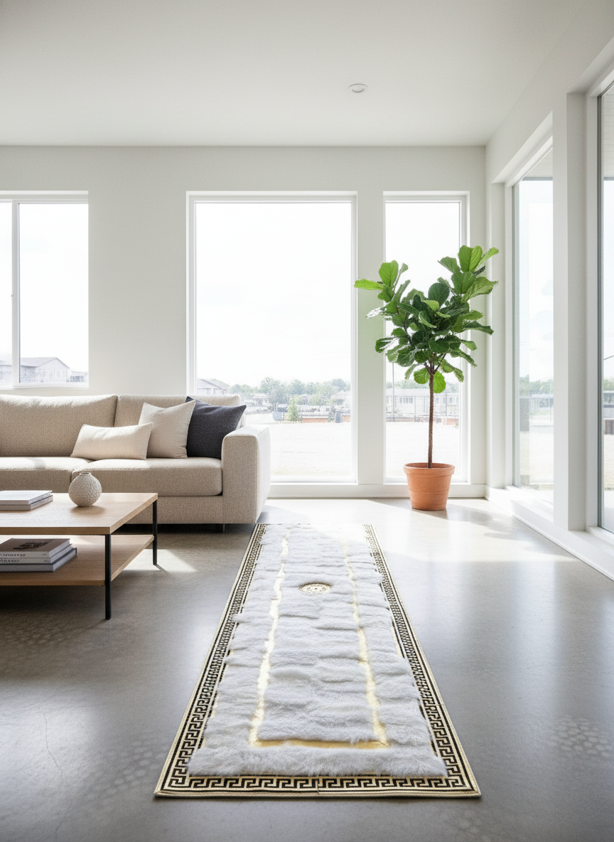 White Tuscan Runner Rug – Gold Line Detailing, Soft Natural Fur Texture, Non-Slip Backing – Custom Sizes Available