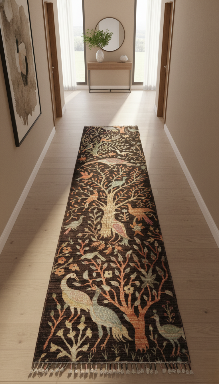 Afghan Bird Design Runner Rug – Hand-Knotted Wool Carpet 298x81cm (9.8x2.6ft)