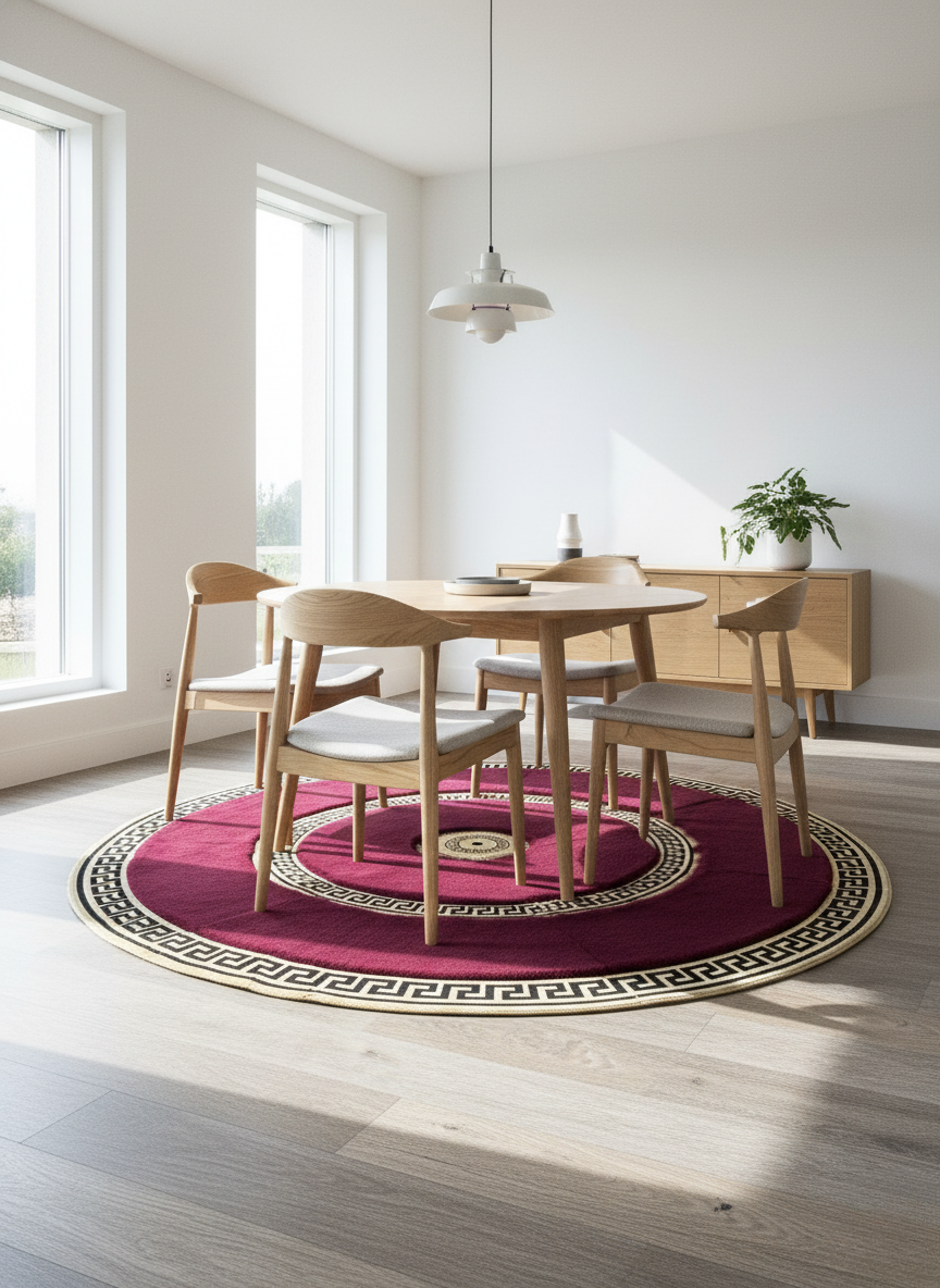 Burgundy Round Plush Rug – Gold Border Detailing, Ultra-Soft Texture, Non-Slip Backing, Custom Sizes Available