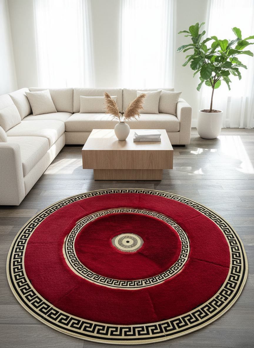 Red Round Plush Rug – Gold Border Detailing, Ultra-Soft Texture, Non-Slip Backing, Custom Sizes Available