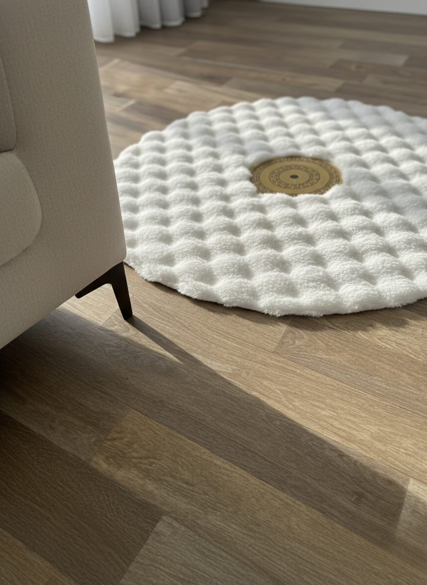 White Round Plush Rug, Luxury Soft Round Area Rug, Living Room Decor, Gold Center Detail